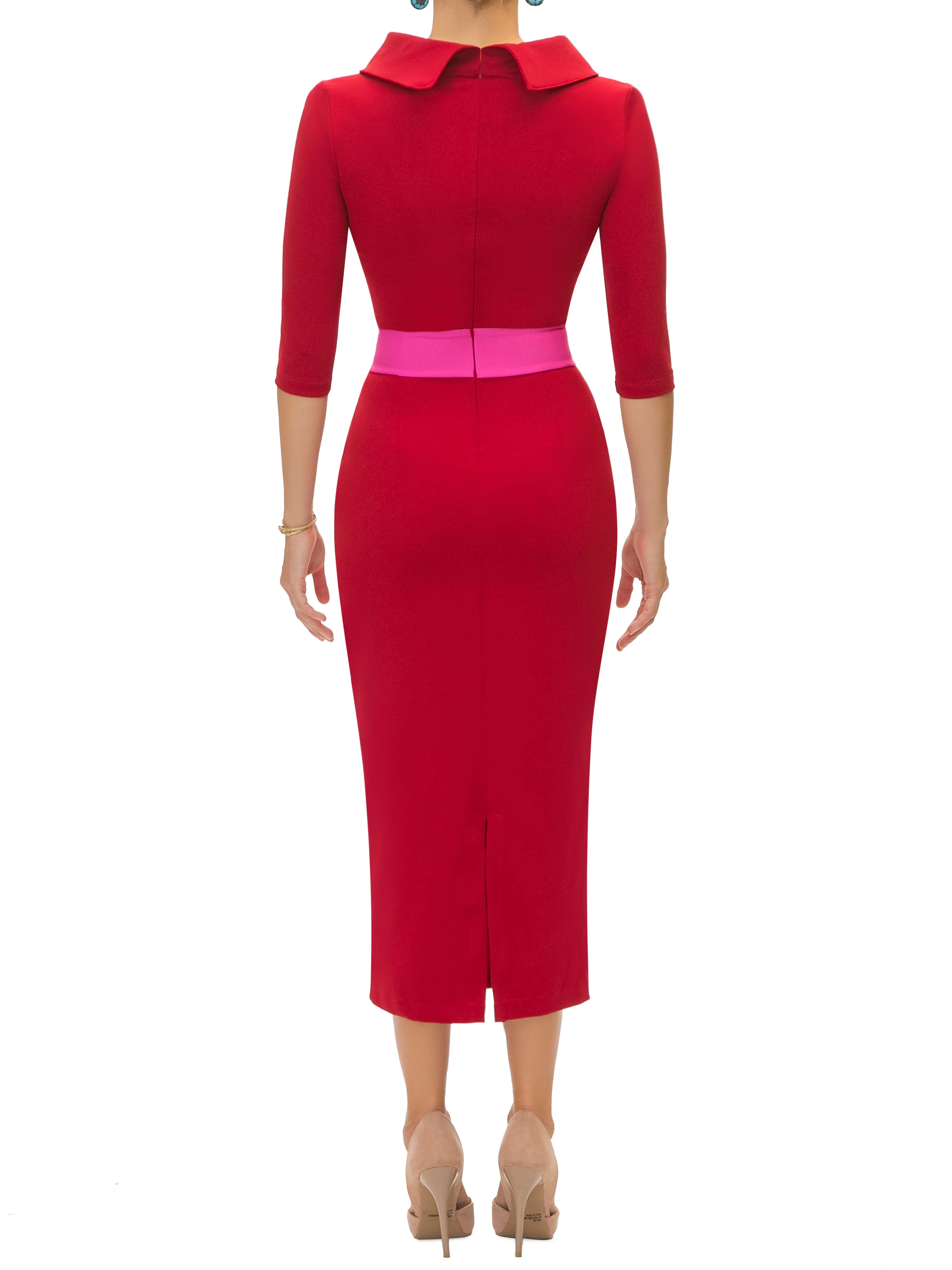 "Cynthia" Deep Red Contrast Waist Pencil Dress - Image 6