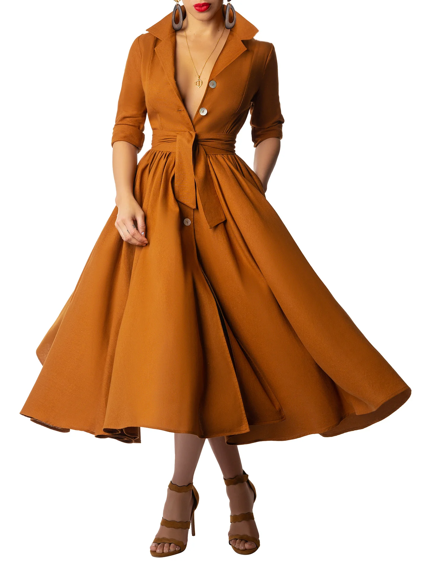"Cypress" Cognac Midi Shirtdress