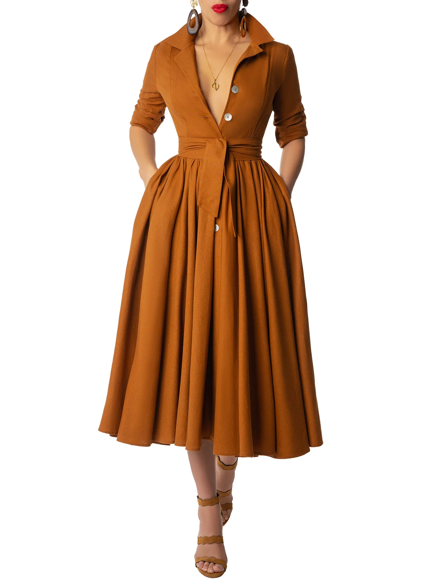 "Cypress" Cognac Midi Shirtdress - Image 2