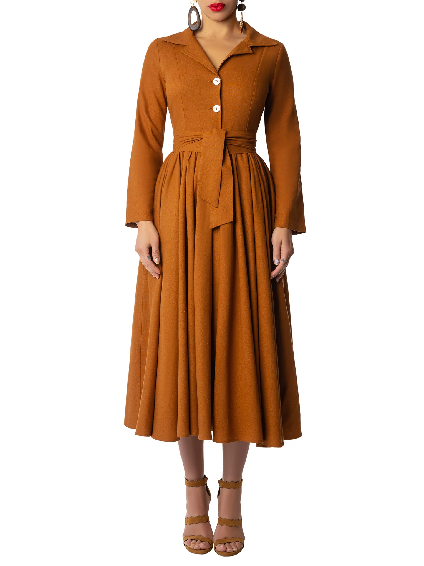 "Cypress" Cognac Midi Shirtdress - Image 3