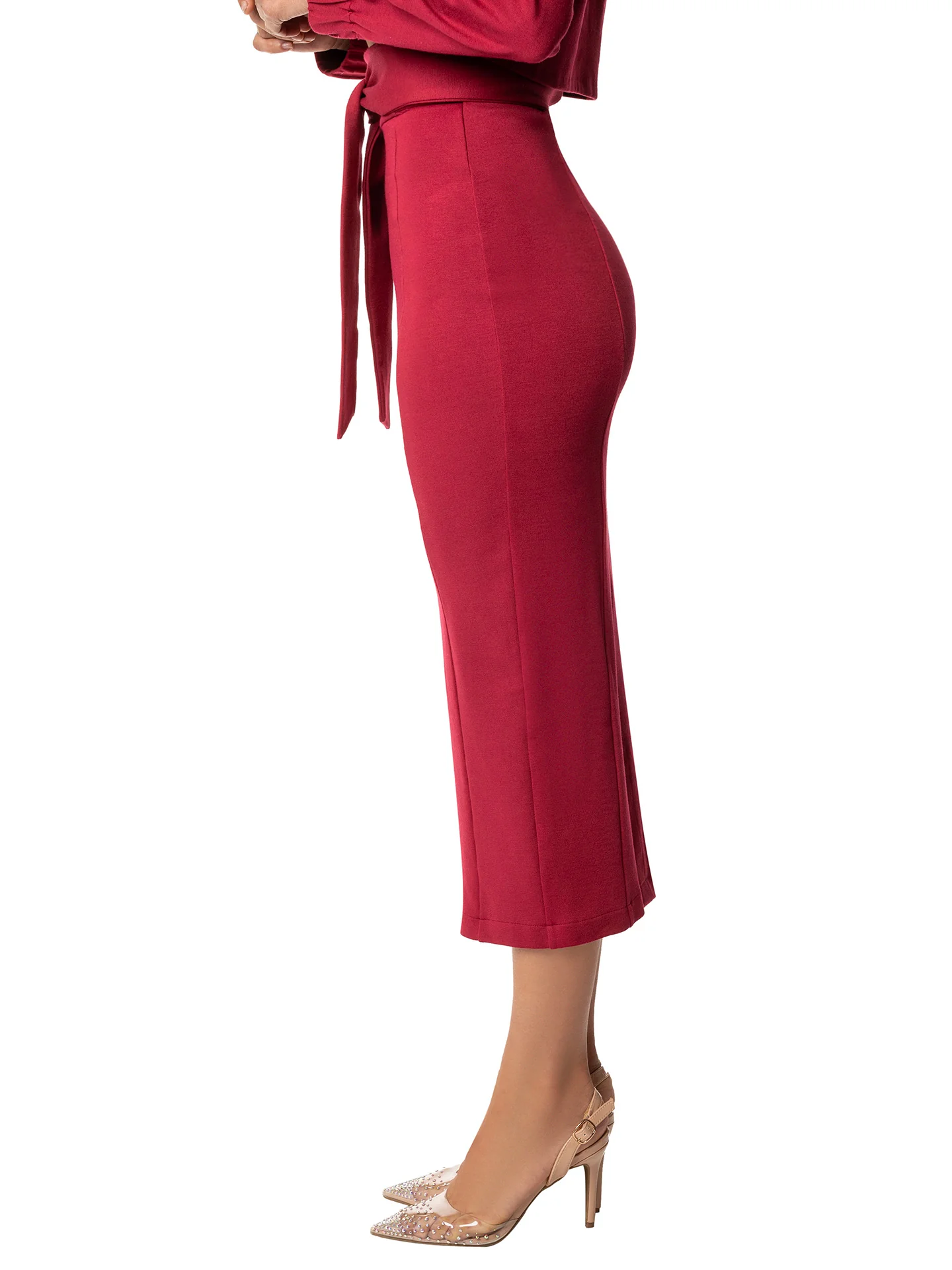 "Daphne" Burgundy Belted Pencil Skirt - Image 4