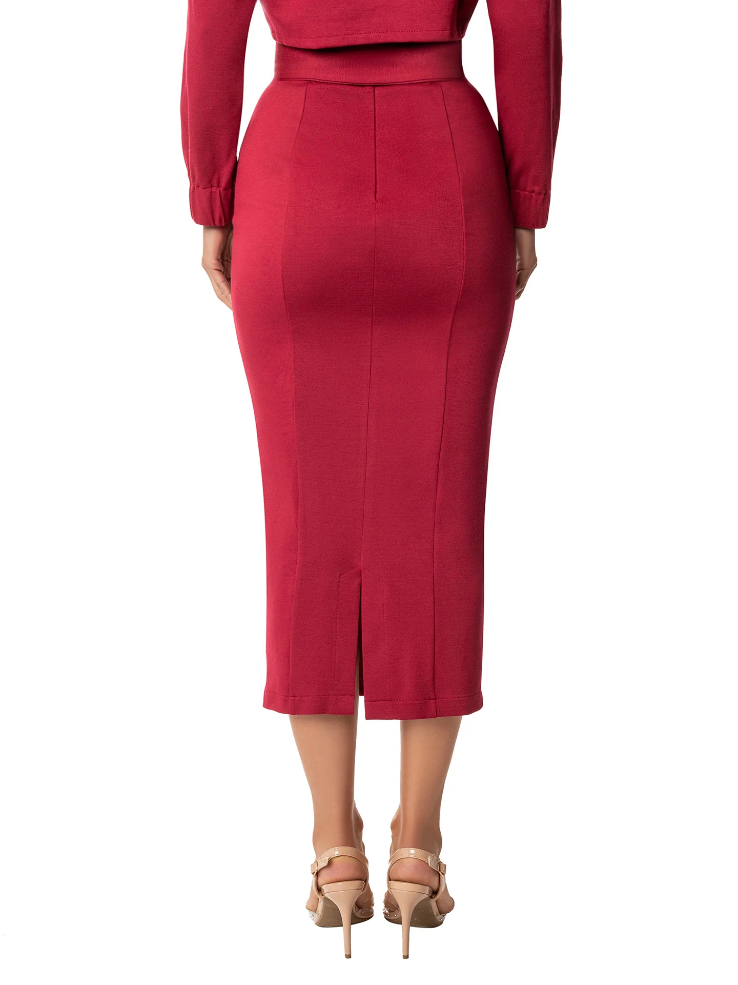 "Daphne" Burgundy Belted Pencil Skirt - Image 5