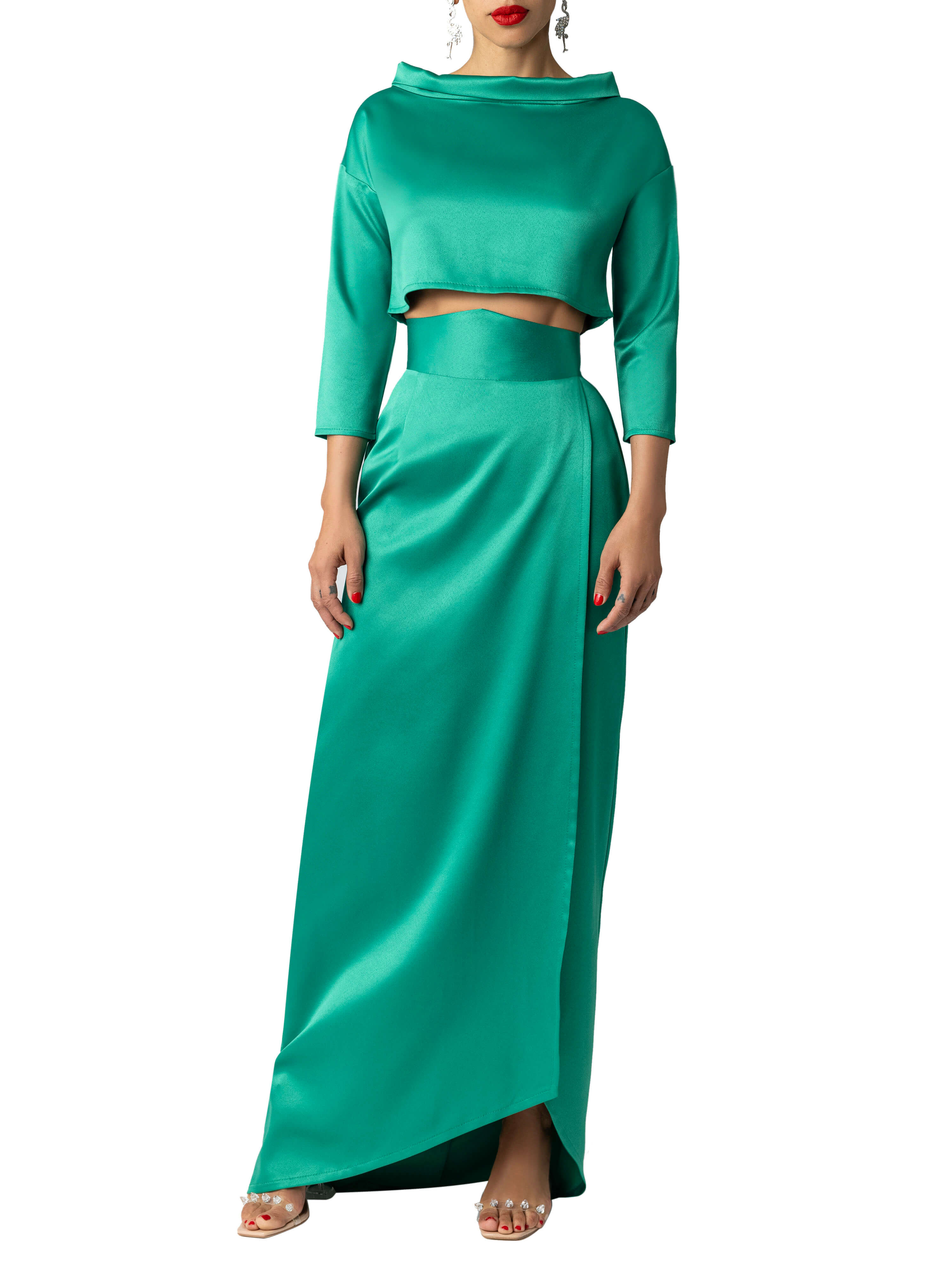 "Deliah" Green Folded Neck Crop Top - Image 2