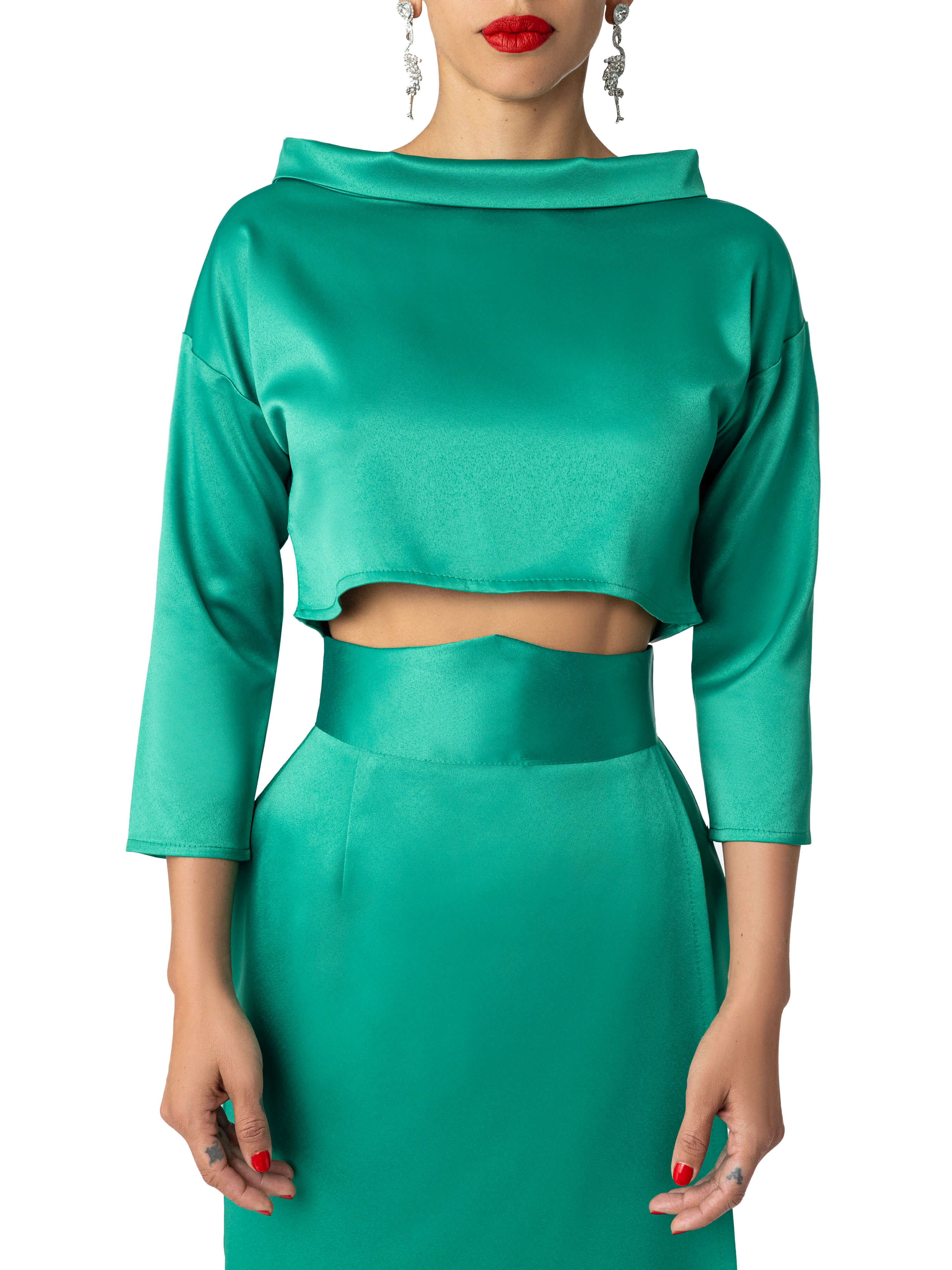 "Deliah" Green Folded Neck Crop Top - Image 3