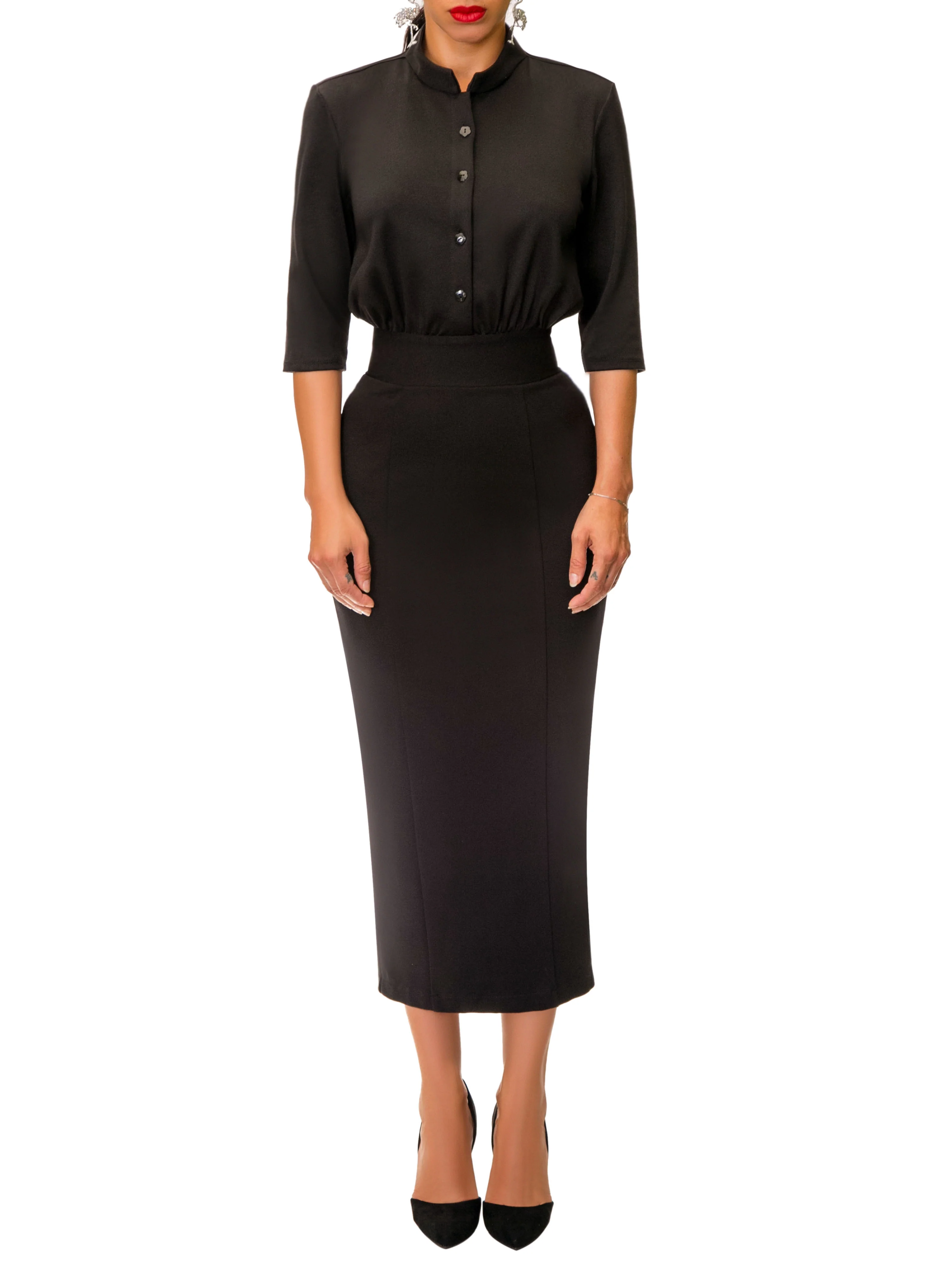 "Dolly" Black Button-Down Pencil Dress - Image 3