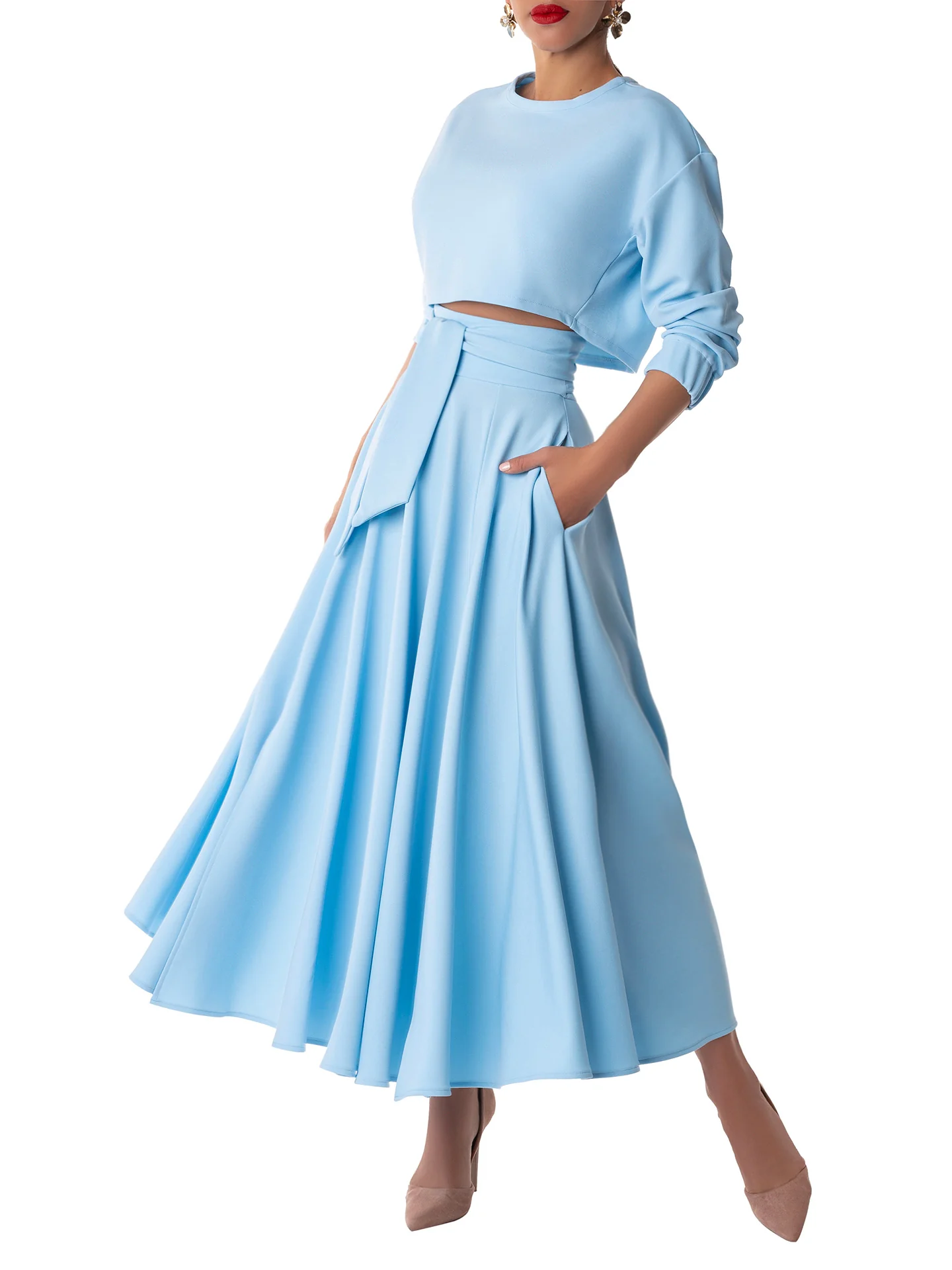 "Dominique" Light Blue Belted Swing Skirt - Image 3