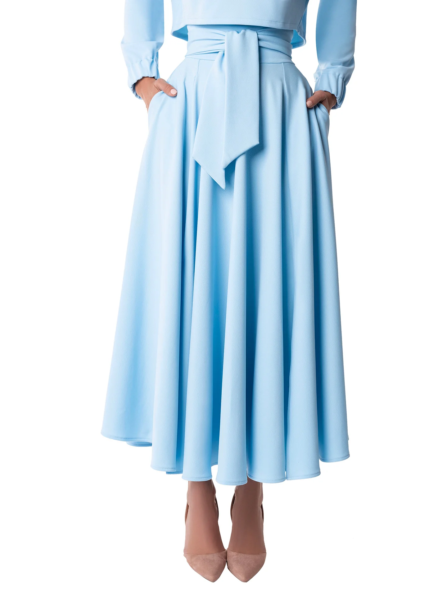 "Dominique" Light Blue Belted Swing Skirt - Image 4