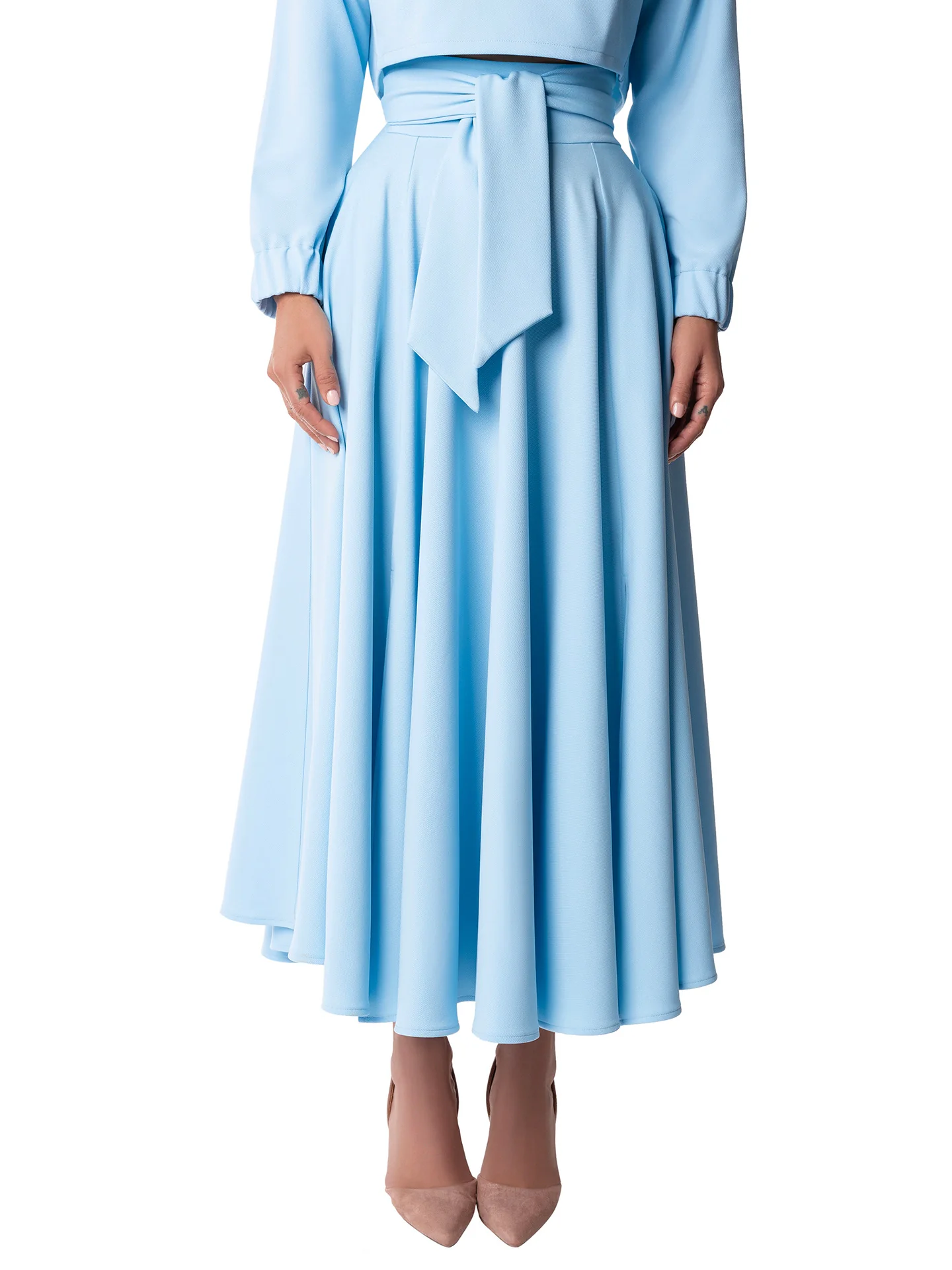 "Dominique" Light Blue Belted Swing Skirt - Image 5