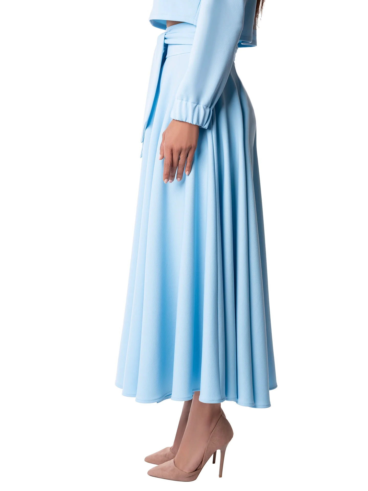 "Dominique" Light Blue Belted Swing Skirt - Image 6