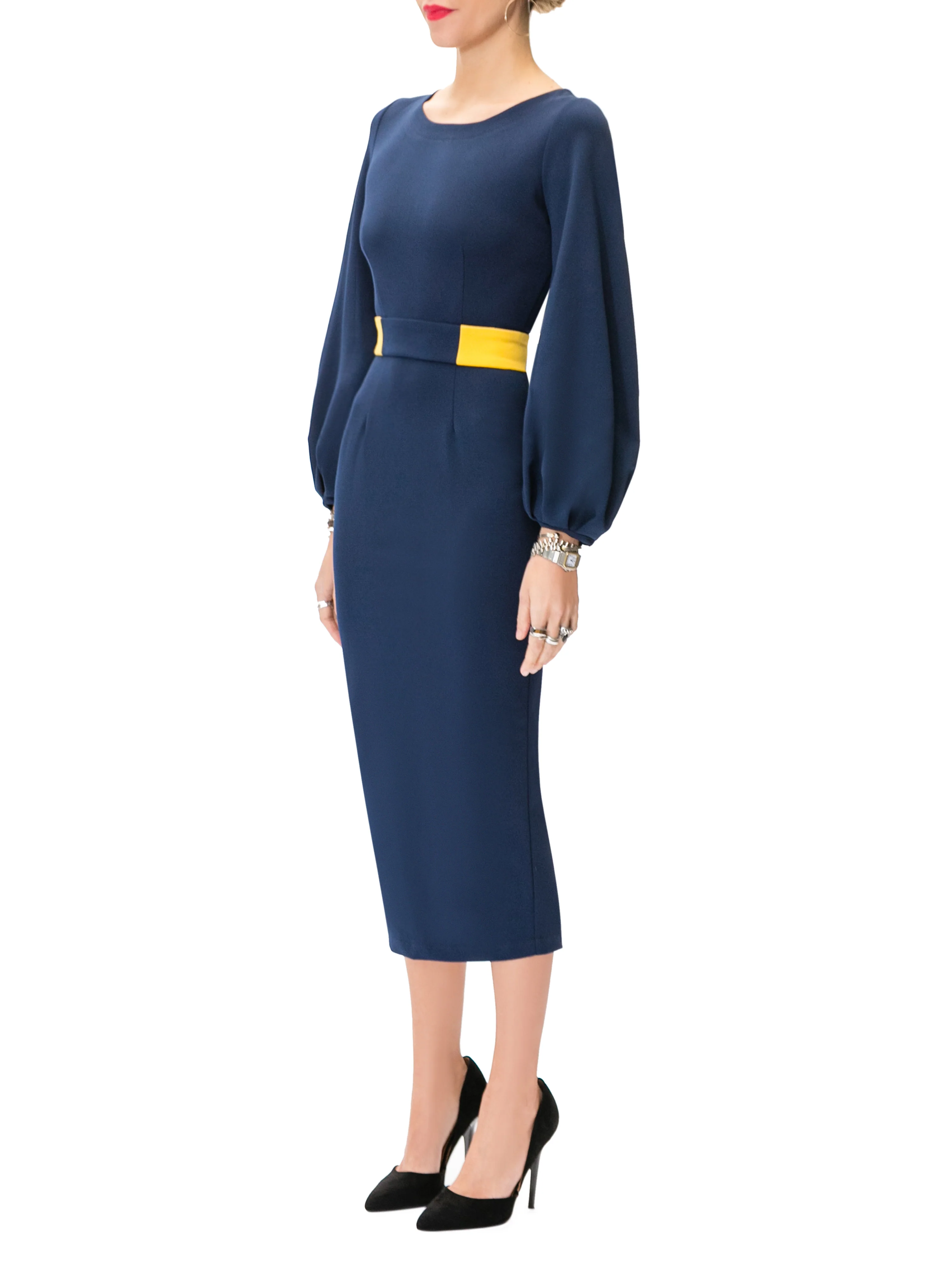 "Donna" Navy Midi Dress w/ Mustard Contrast - Image 4