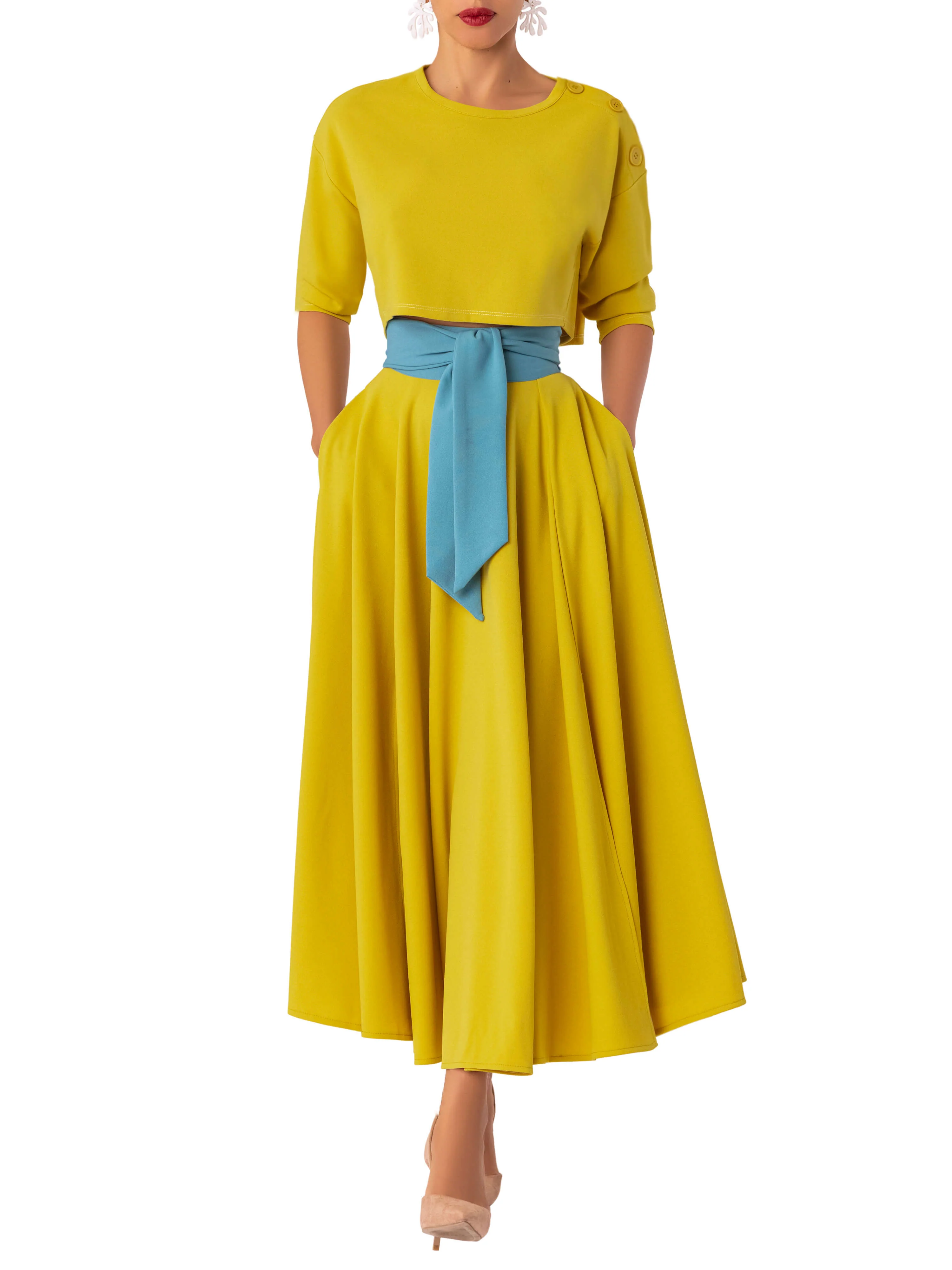 "Dulce" Chartreuse Button Crop Top - Image 3