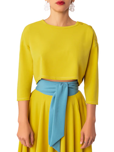 "Dulce" Chartreuse Button Crop Top - Image 4