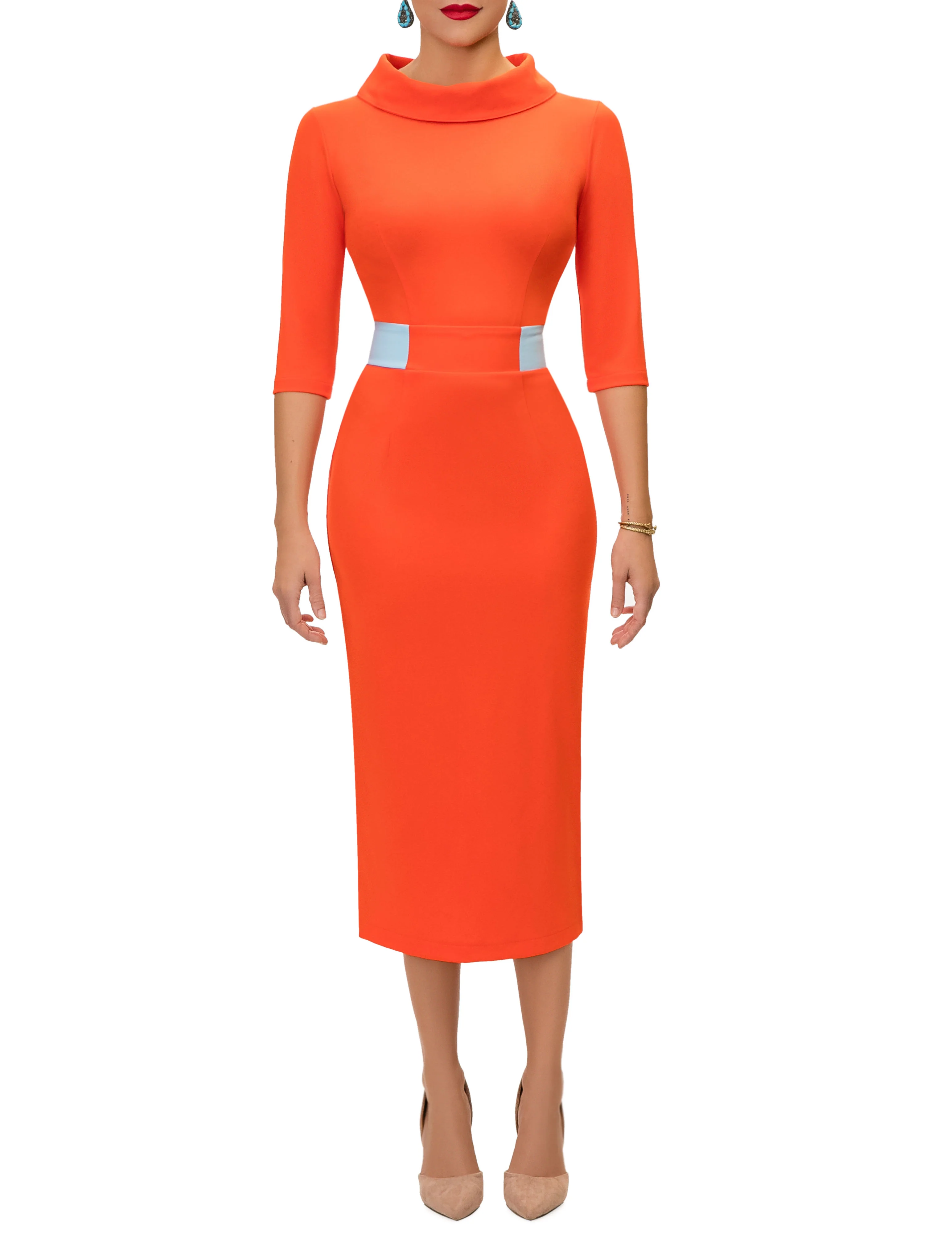 "Dwayna" Orange Contrast Waist Pencil Dress - Image 4
