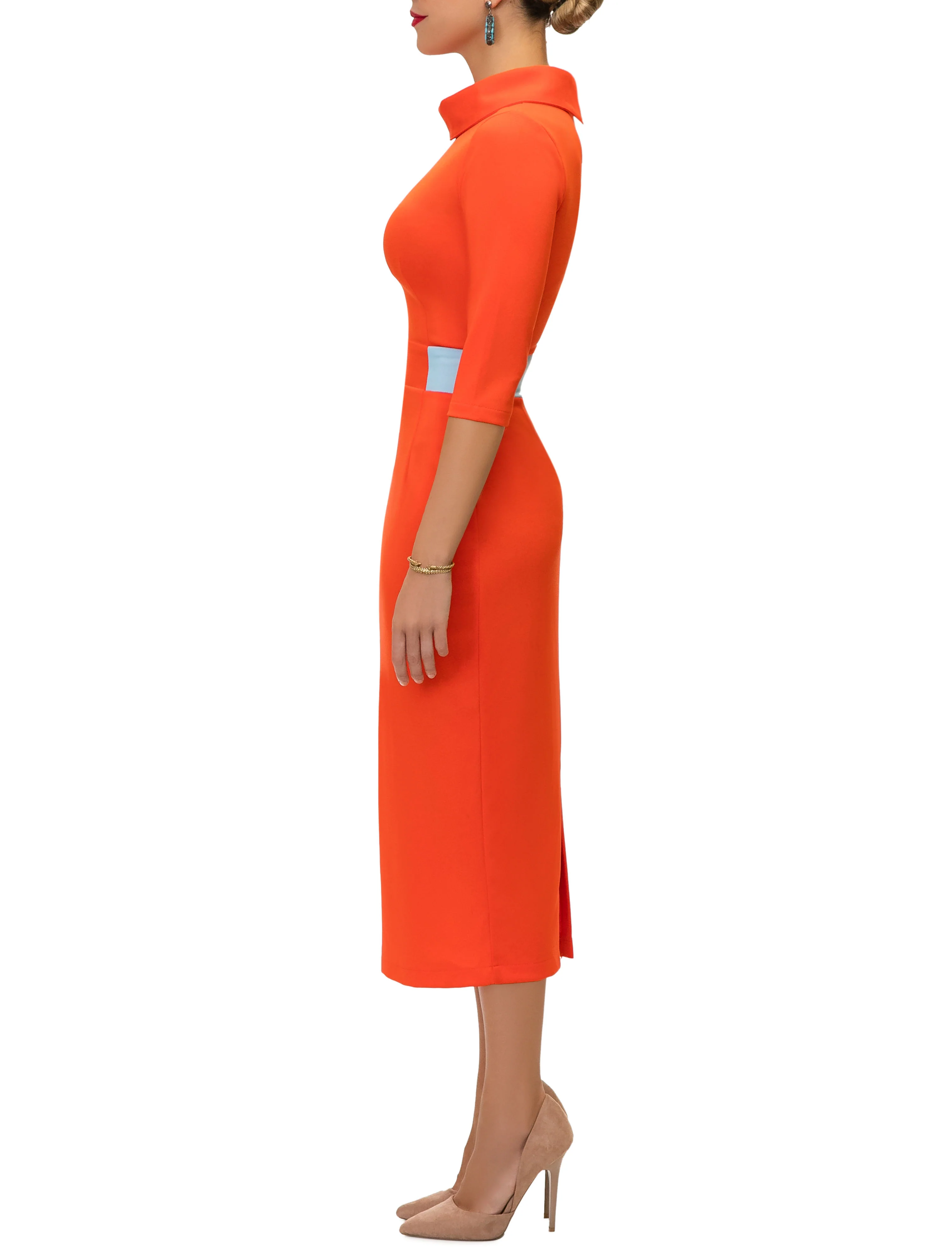 "Dwayna" Orange Contrast Waist Pencil Dress - Image 6