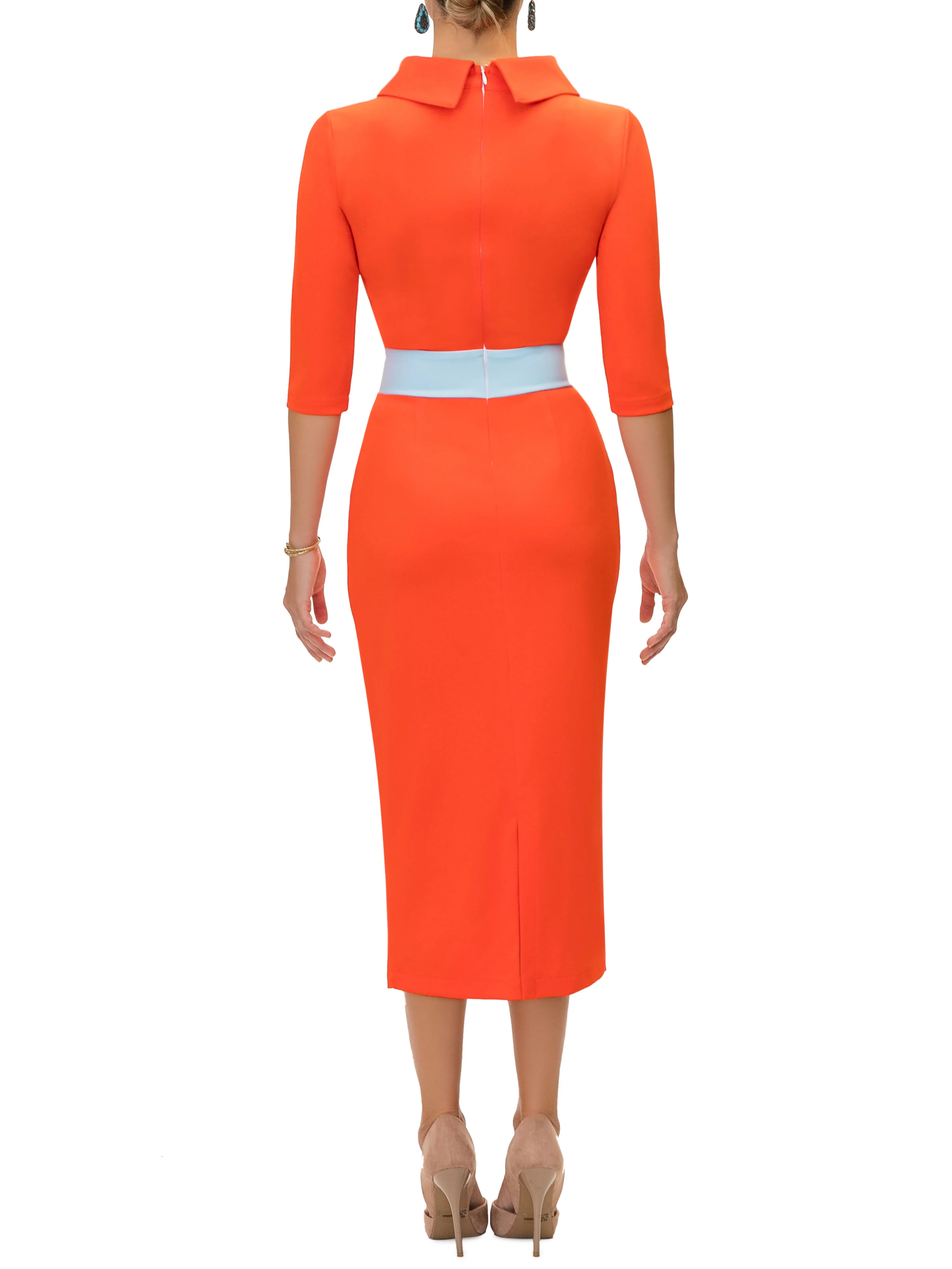 "Dwayna" Orange Contrast Waist Pencil Dress - Image 7