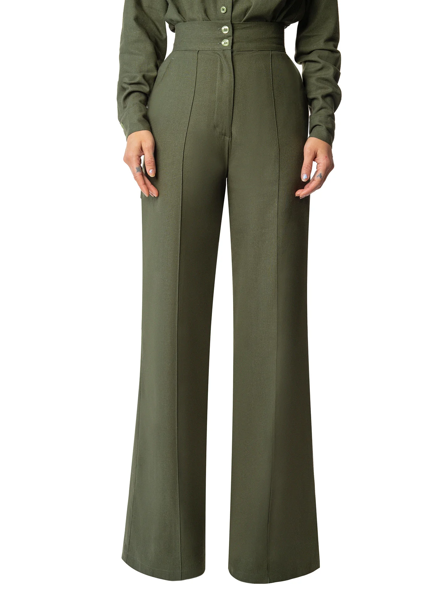 "Ebony" Olive Linen High Waist Pants - Image 3