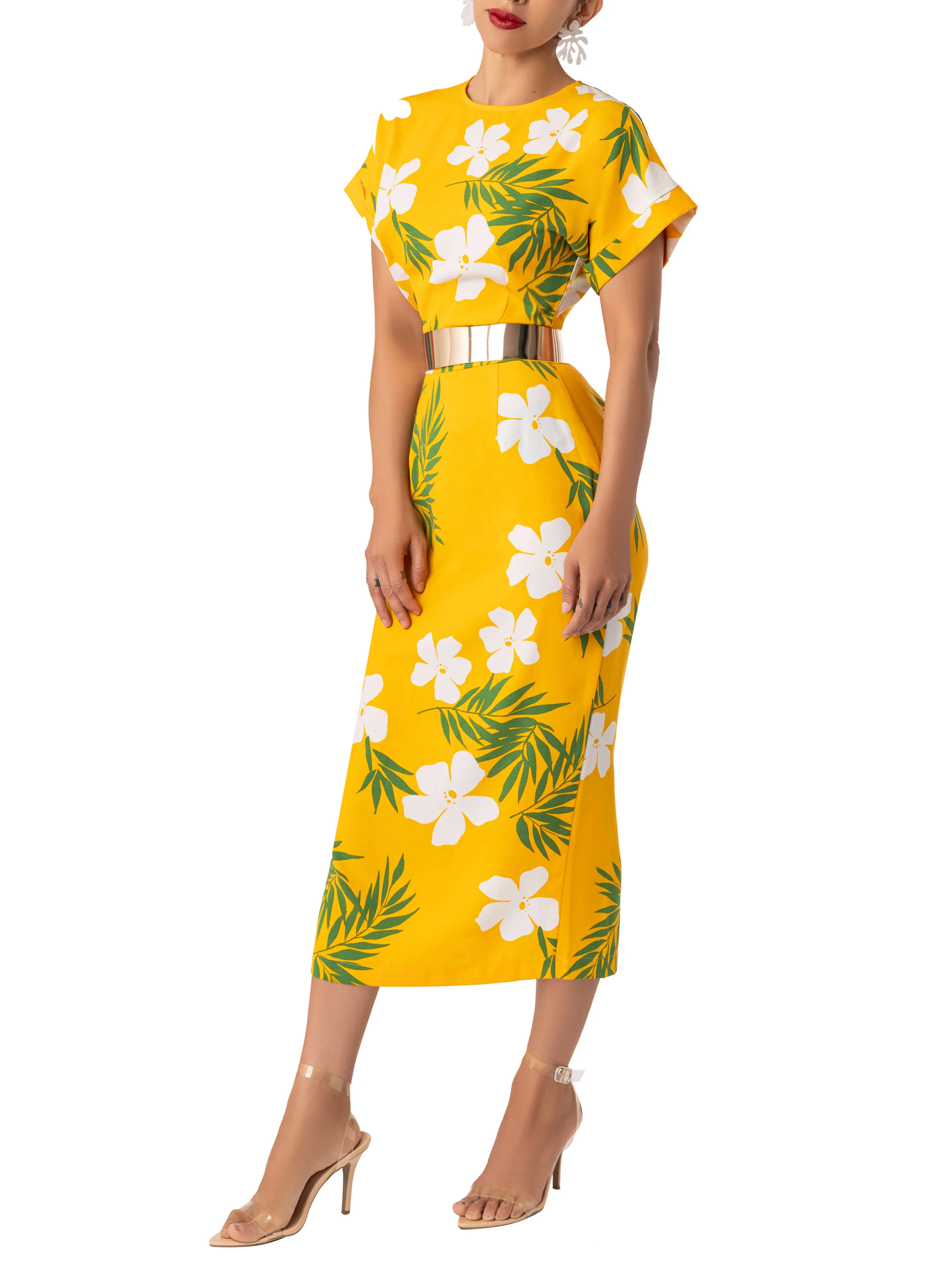 "Elaine" Yellow Print Midi Dress - Image 3