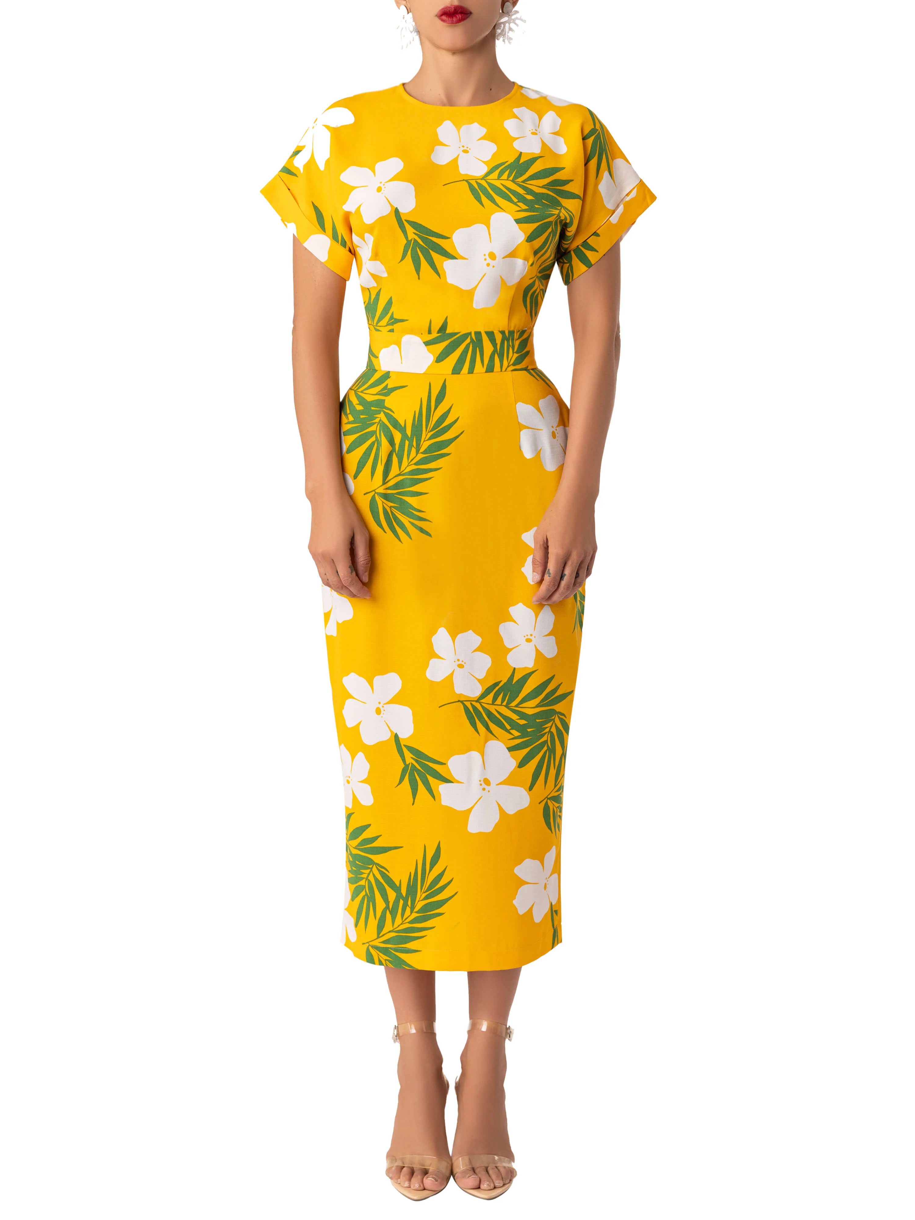 "Elaine" Yellow Print Midi Dress - Image 4
