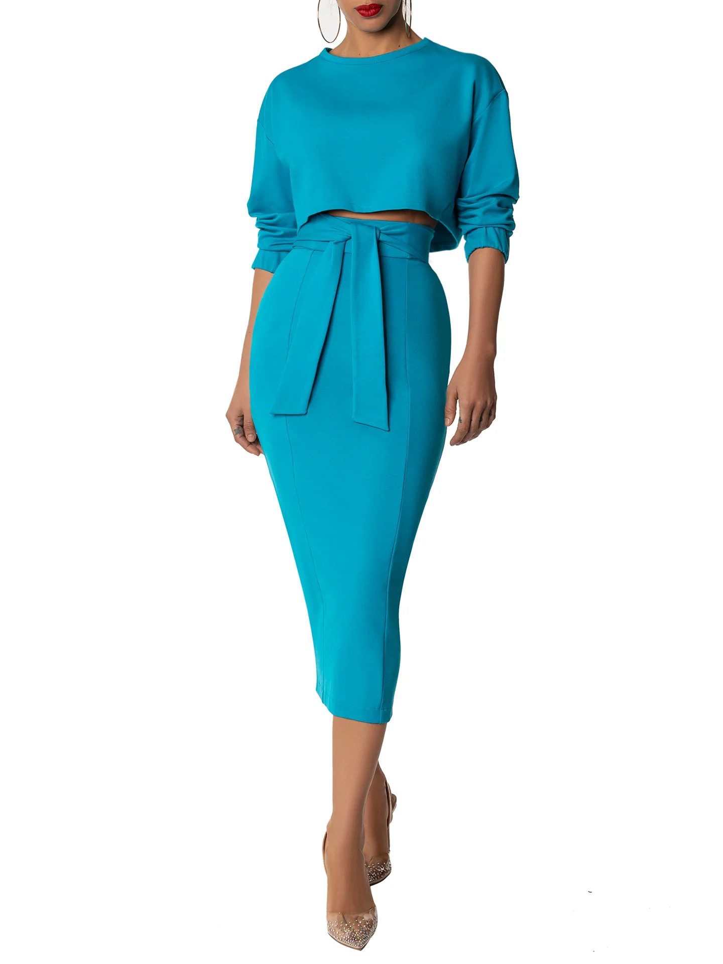 "Elousia" Teal Long Sleeve Crop Top