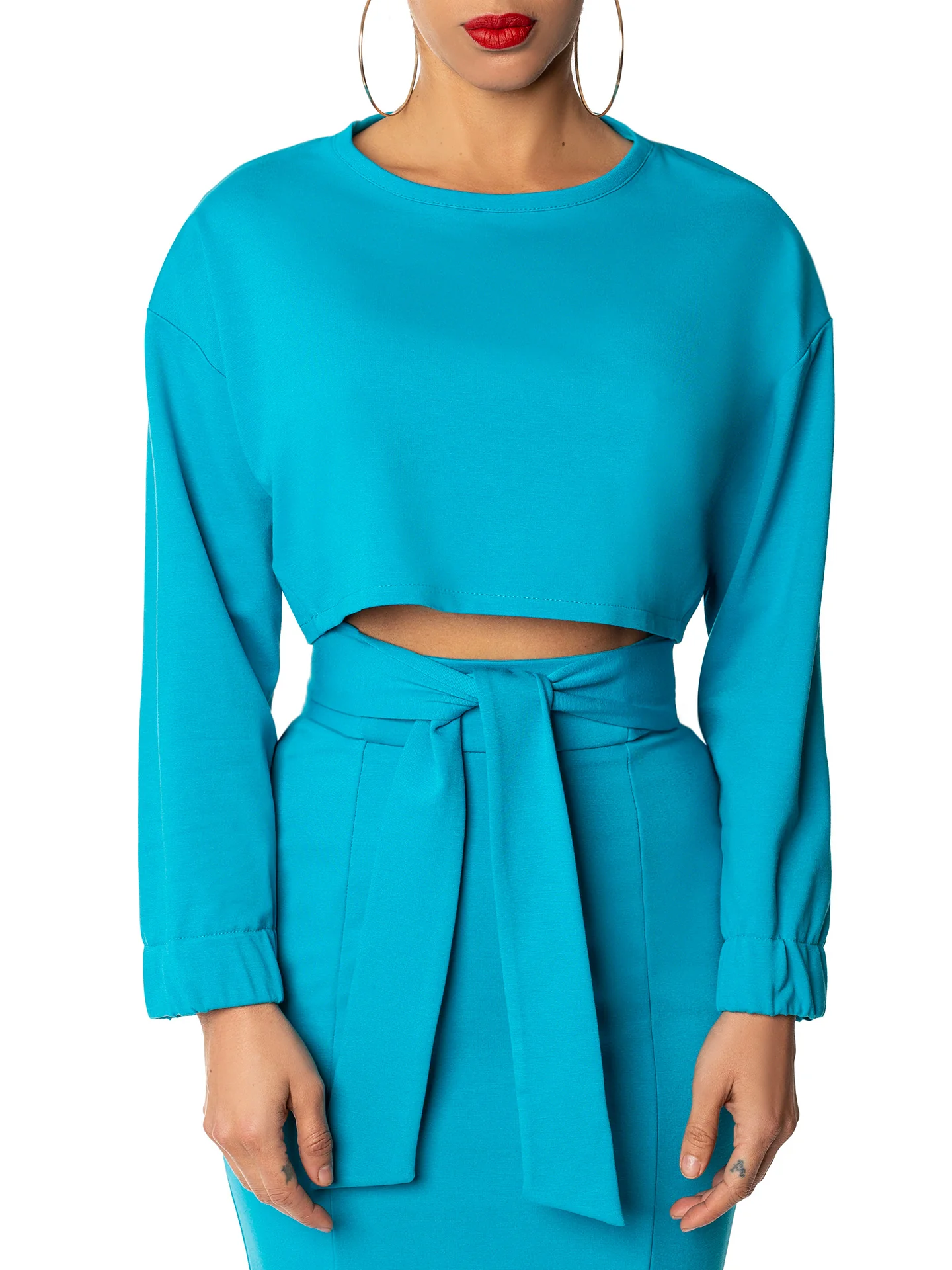 "Elousia" Teal Long Sleeve Crop Top - Image 3