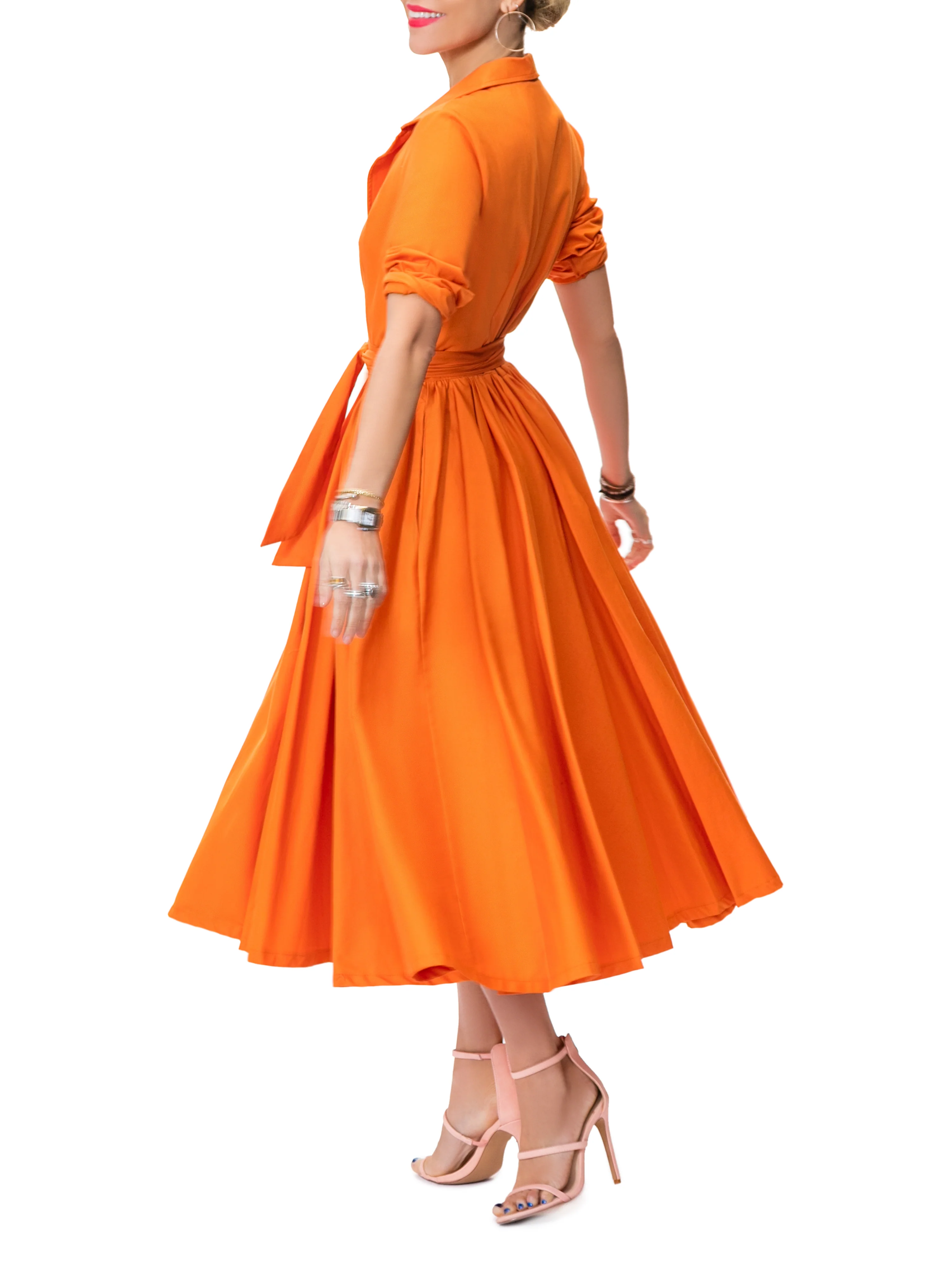 "Emily" Orange Midi Shirtdress - Image 2