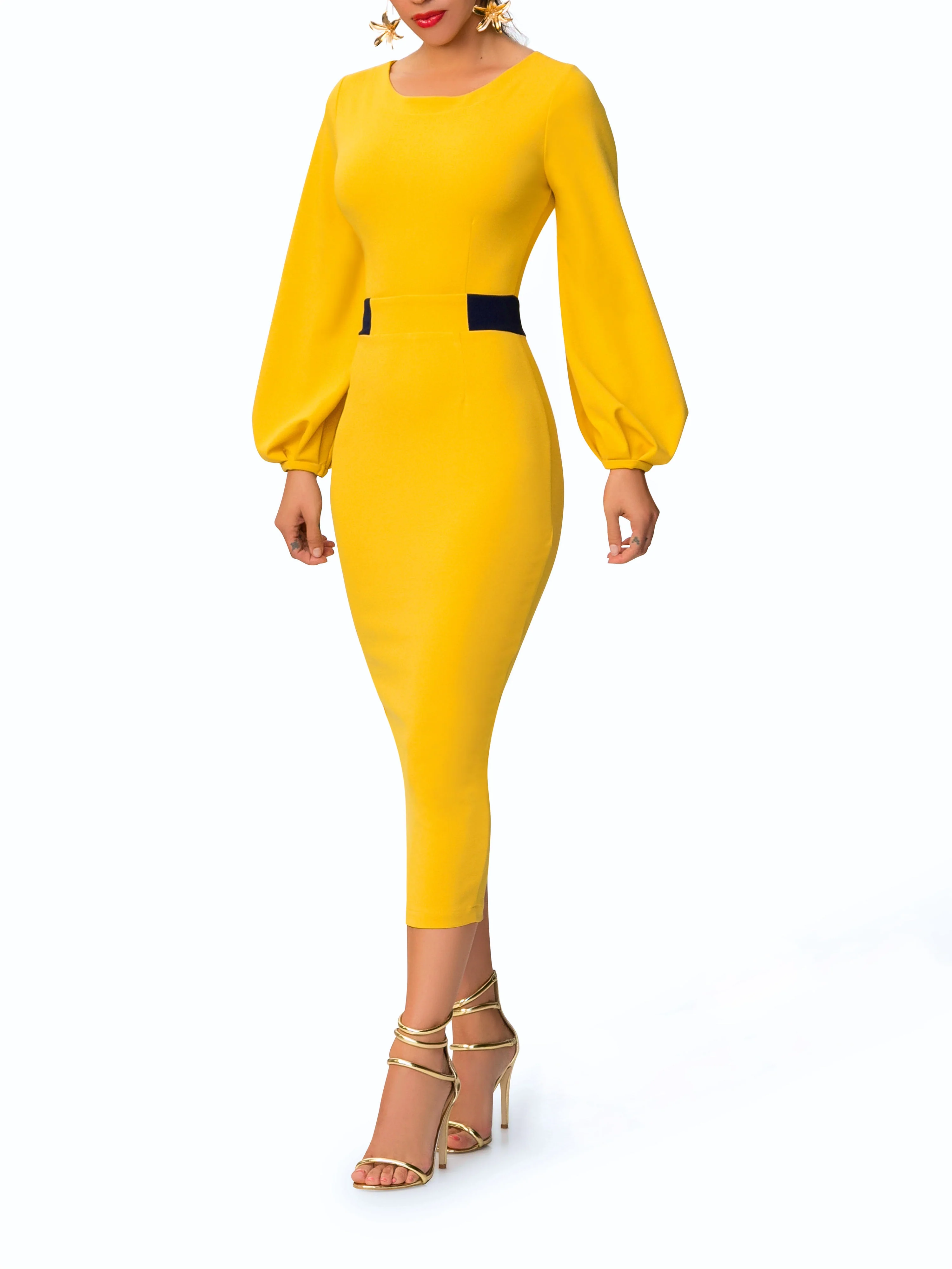 "Estela" Mustard Midi Dress w/ Navy Contrast - Image 2