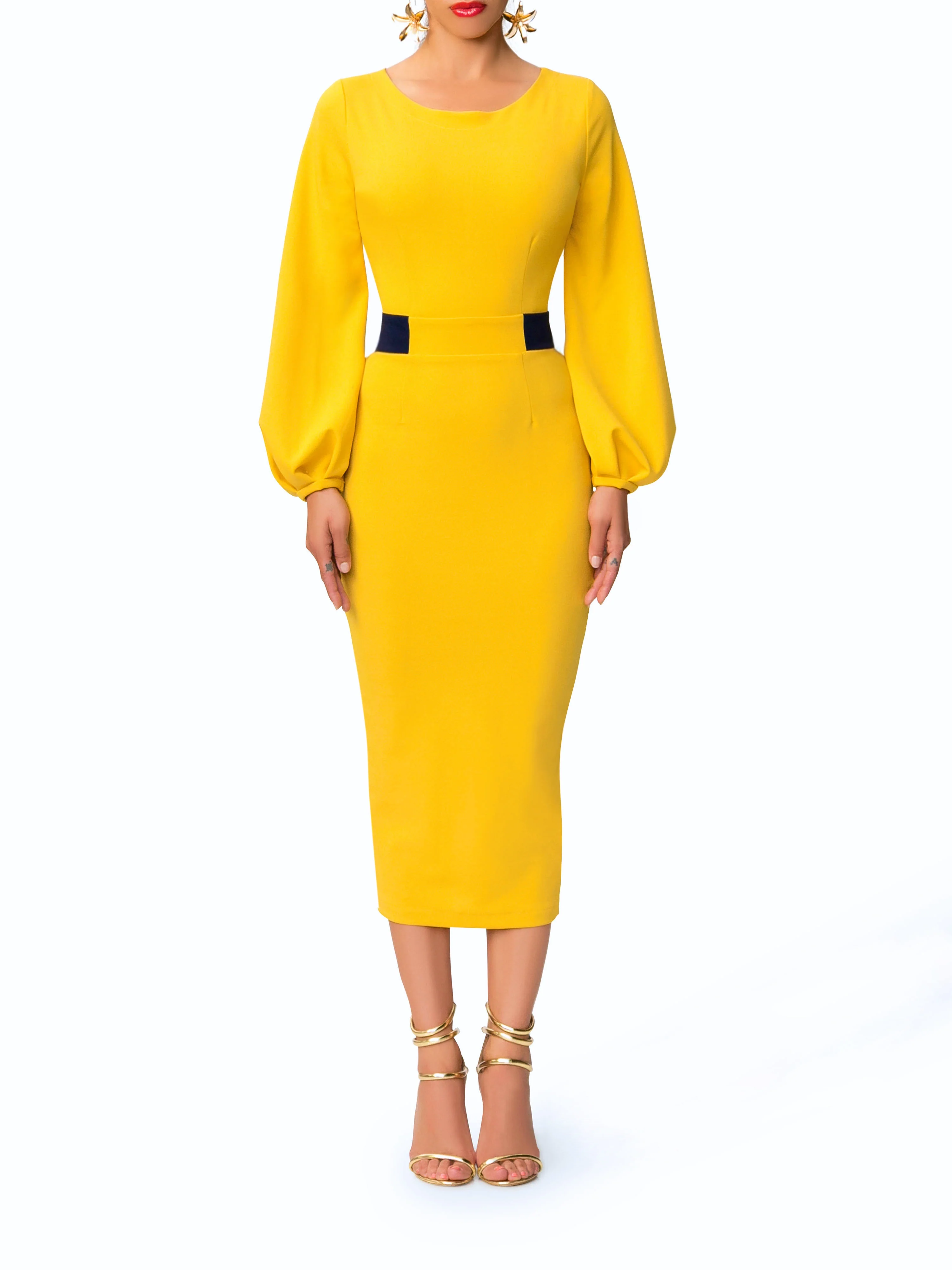 "Estela" Mustard Midi Dress w/ Navy Contrast - Image 3