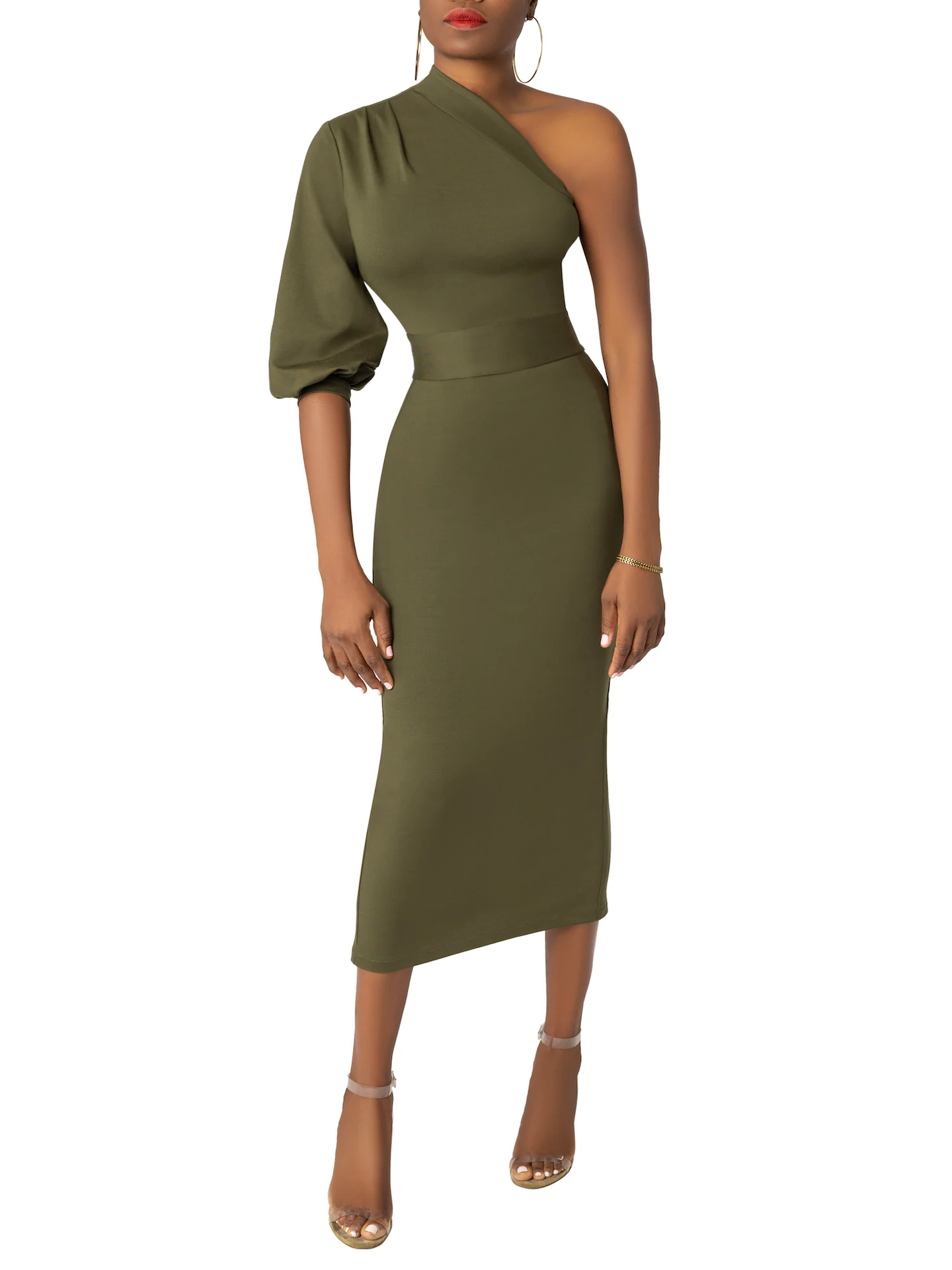 “Eva” Olive One Sleeve Midi Dress - Image 3