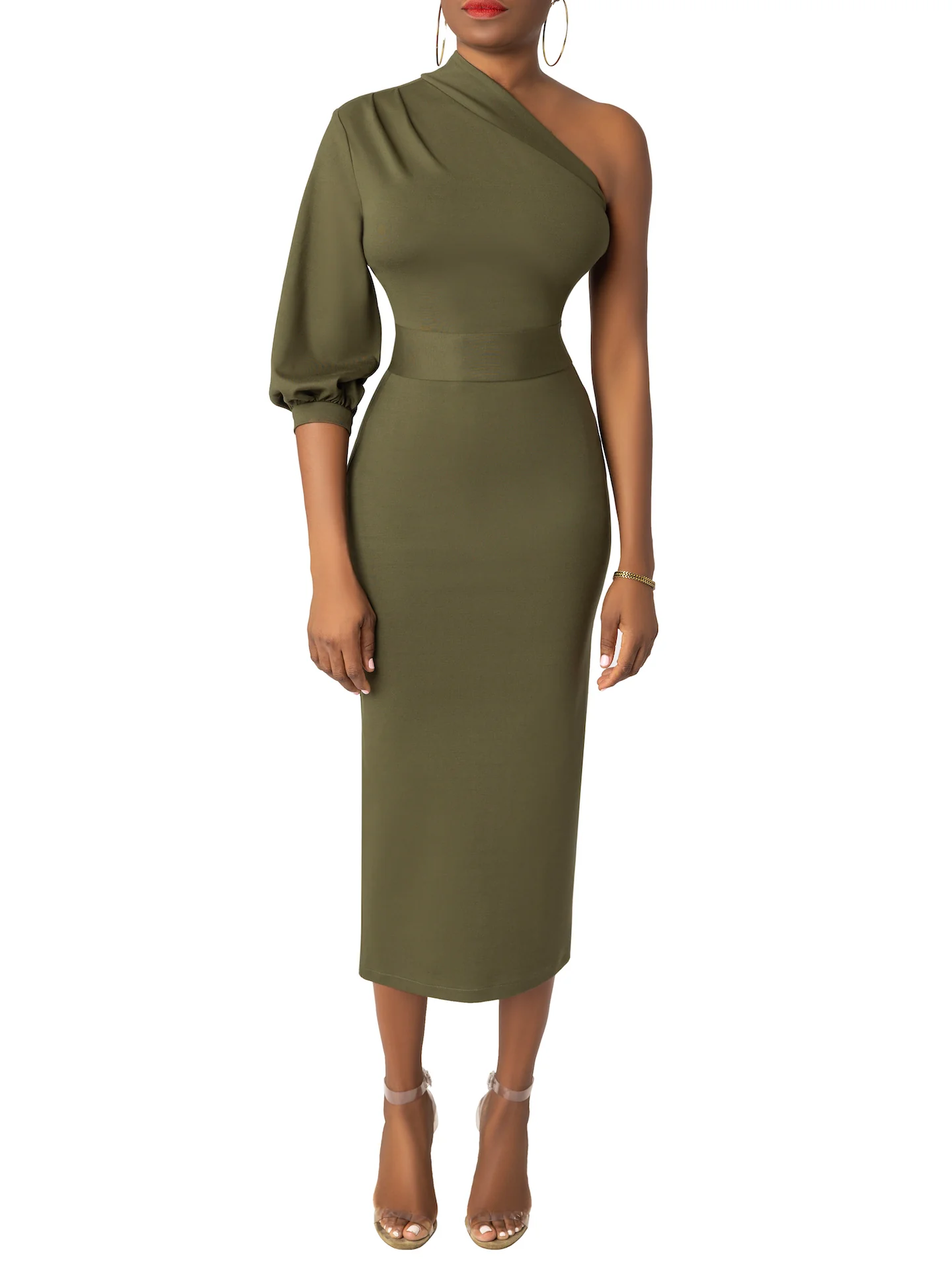 “Eva” Olive One Sleeve Midi Dress - Image 4