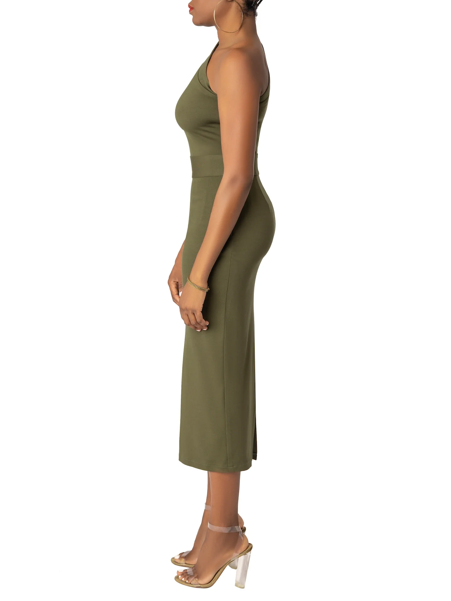 “Eva” Olive One Sleeve Midi Dress - Image 5