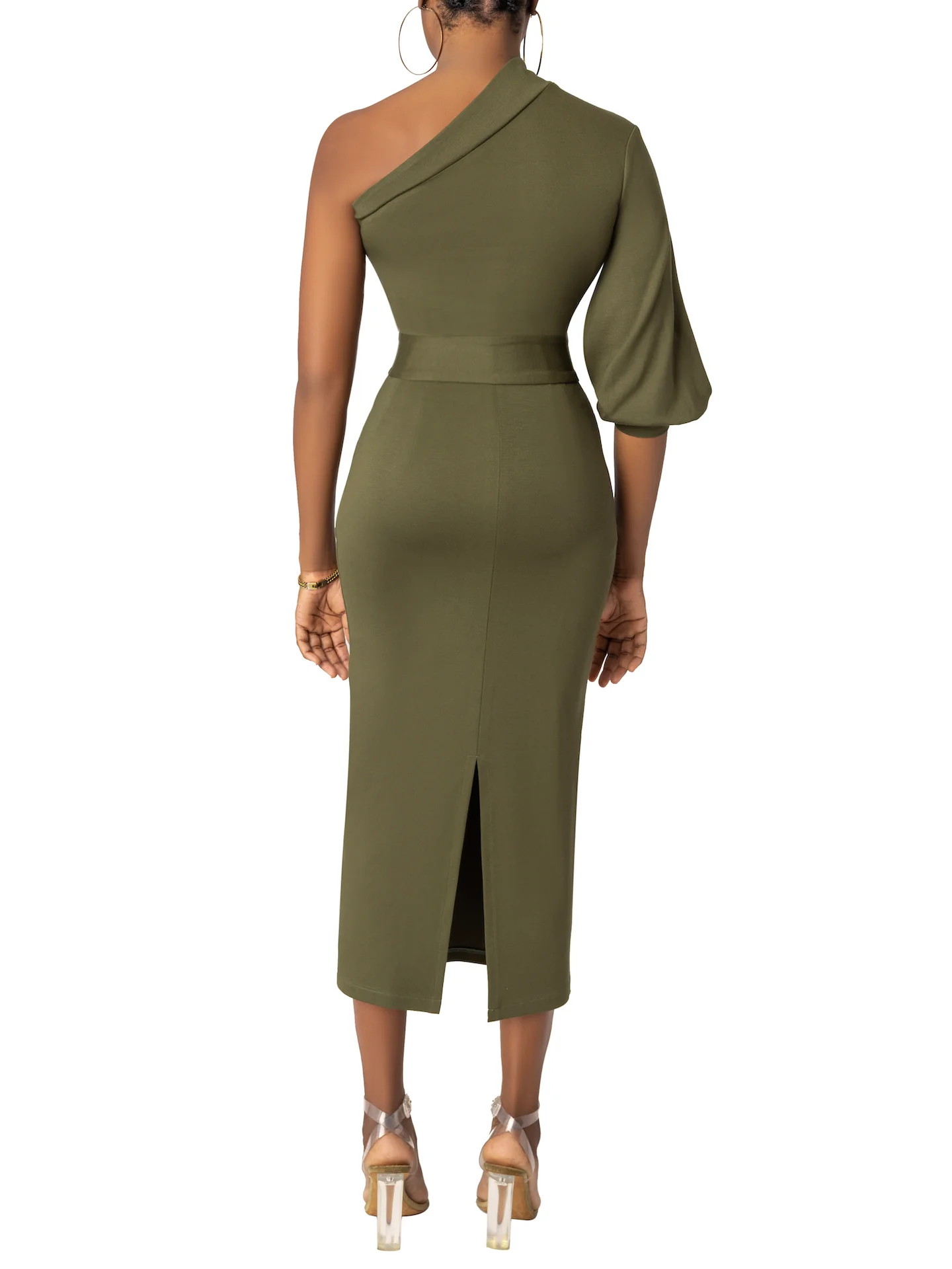 “Eva” Olive One Sleeve Midi Dress - Image 6