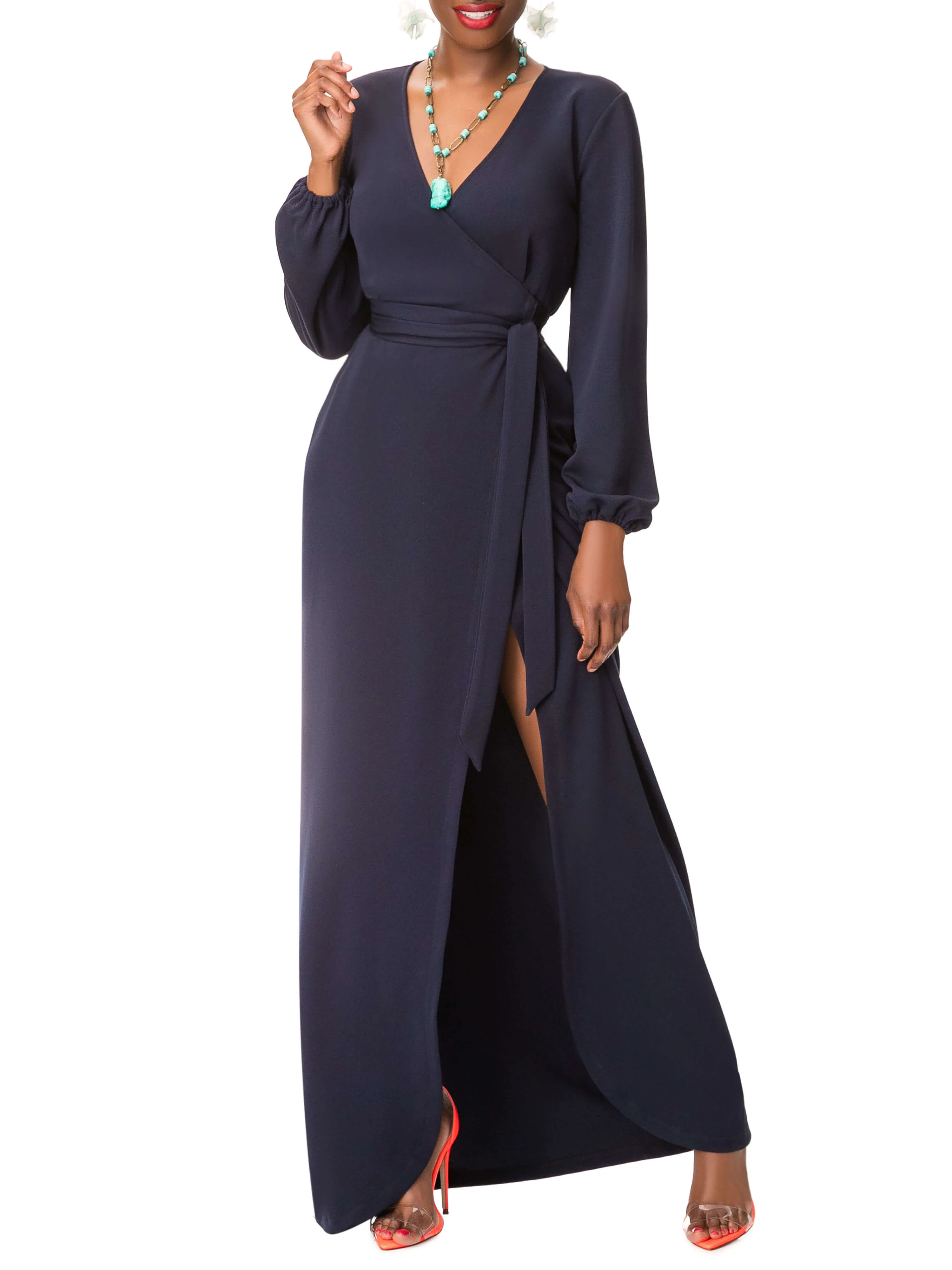"Evelyn" Navy Maxi Wrap Dress - Image 3