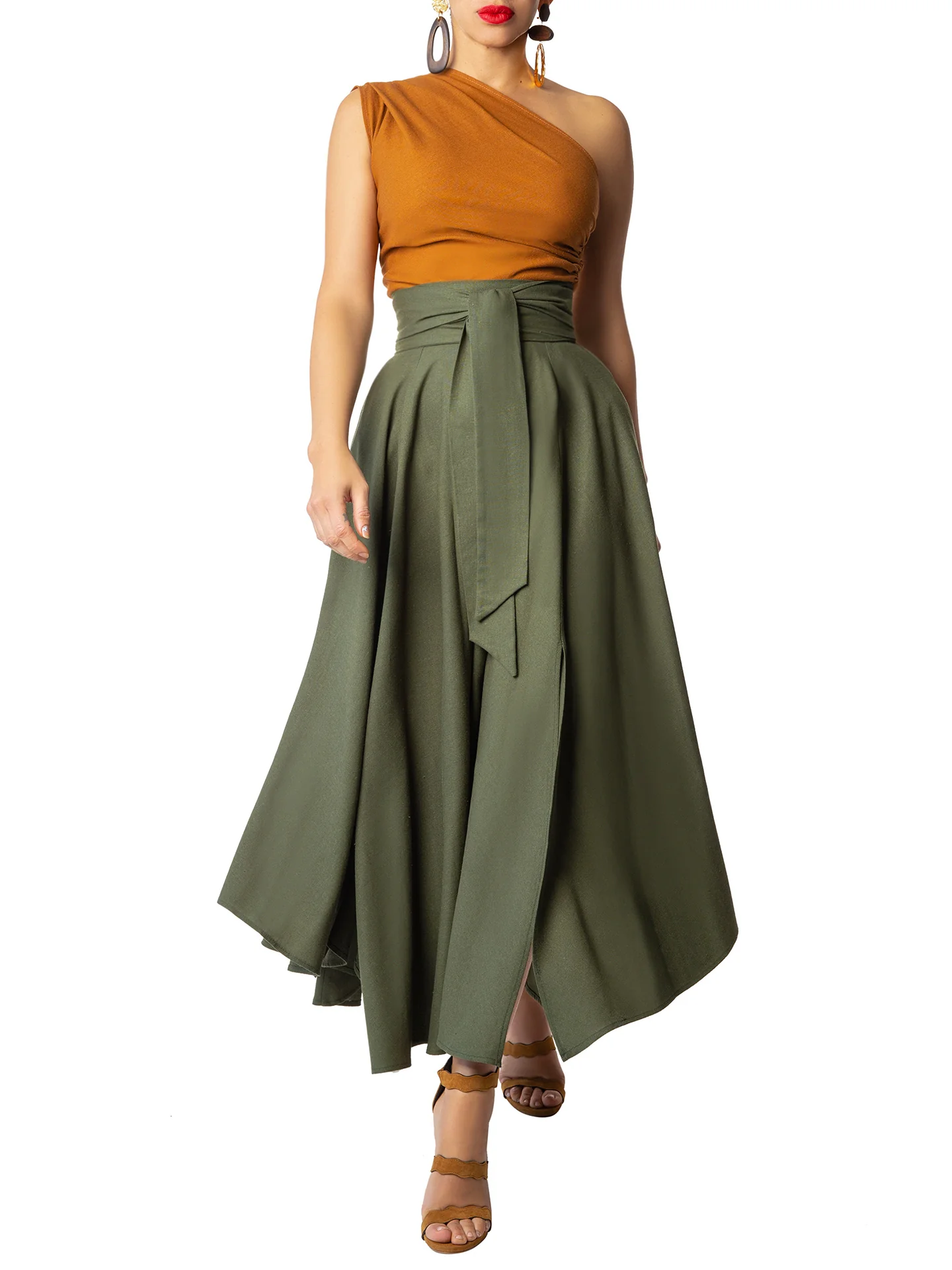 "Evergreen" Olive Belted Midi Skirt - Image 2