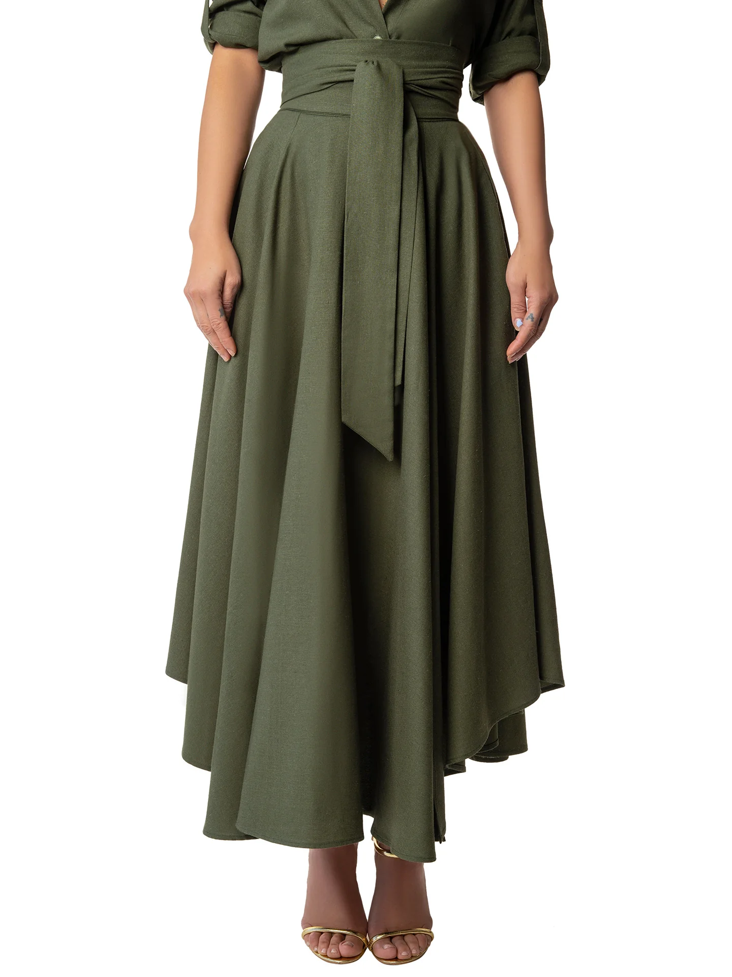 "Evergreen" Olive Belted Midi Skirt - Image 3