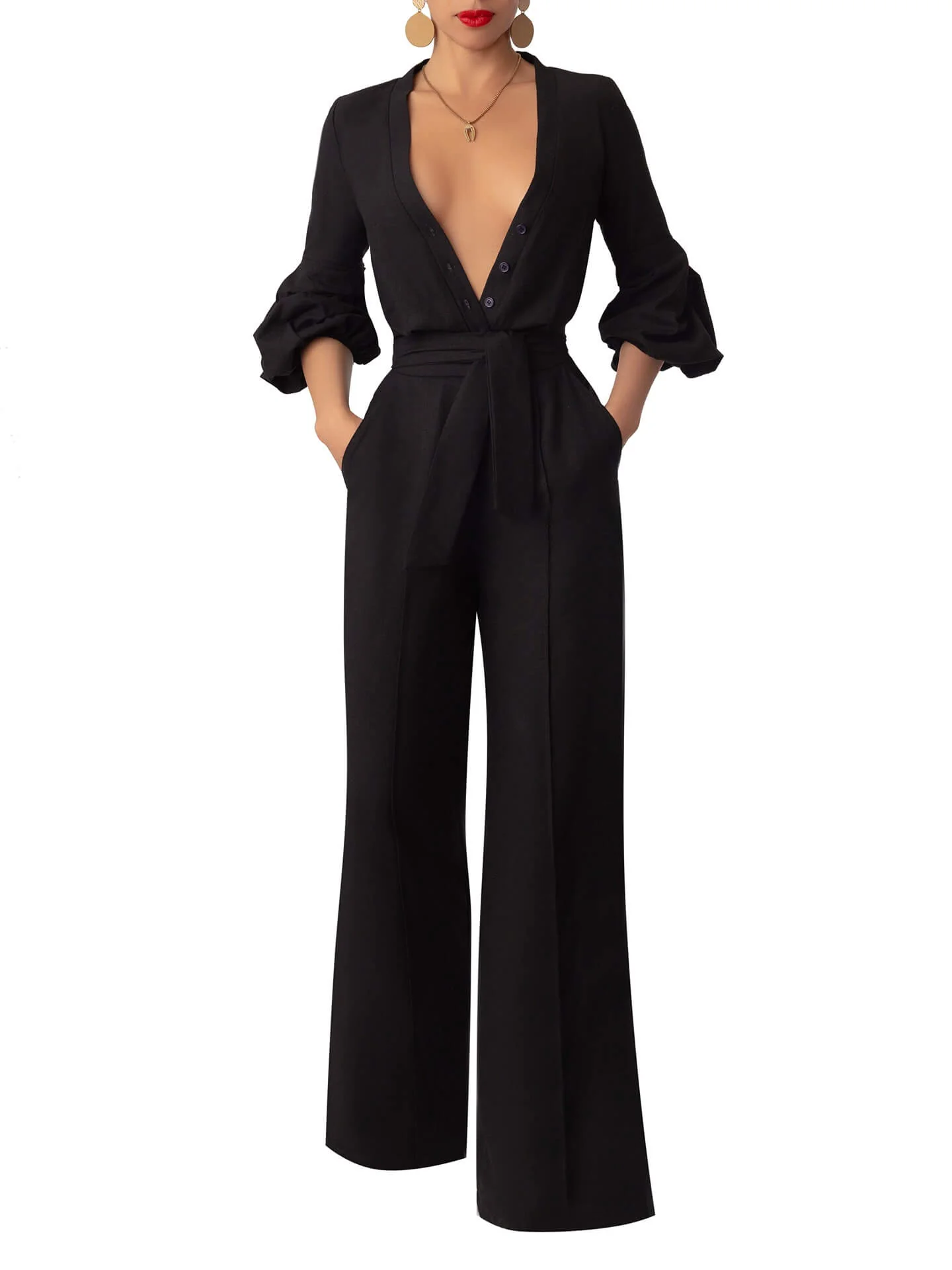 “Fẹlá” Button-Down Black Belted Linen Jumpsuit - Image 3