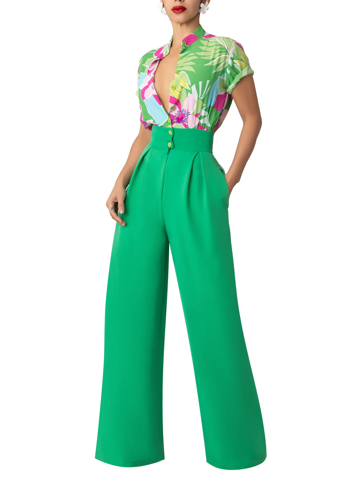 “Fahey” Green Print Colorblock Jumpsuit - Image 3