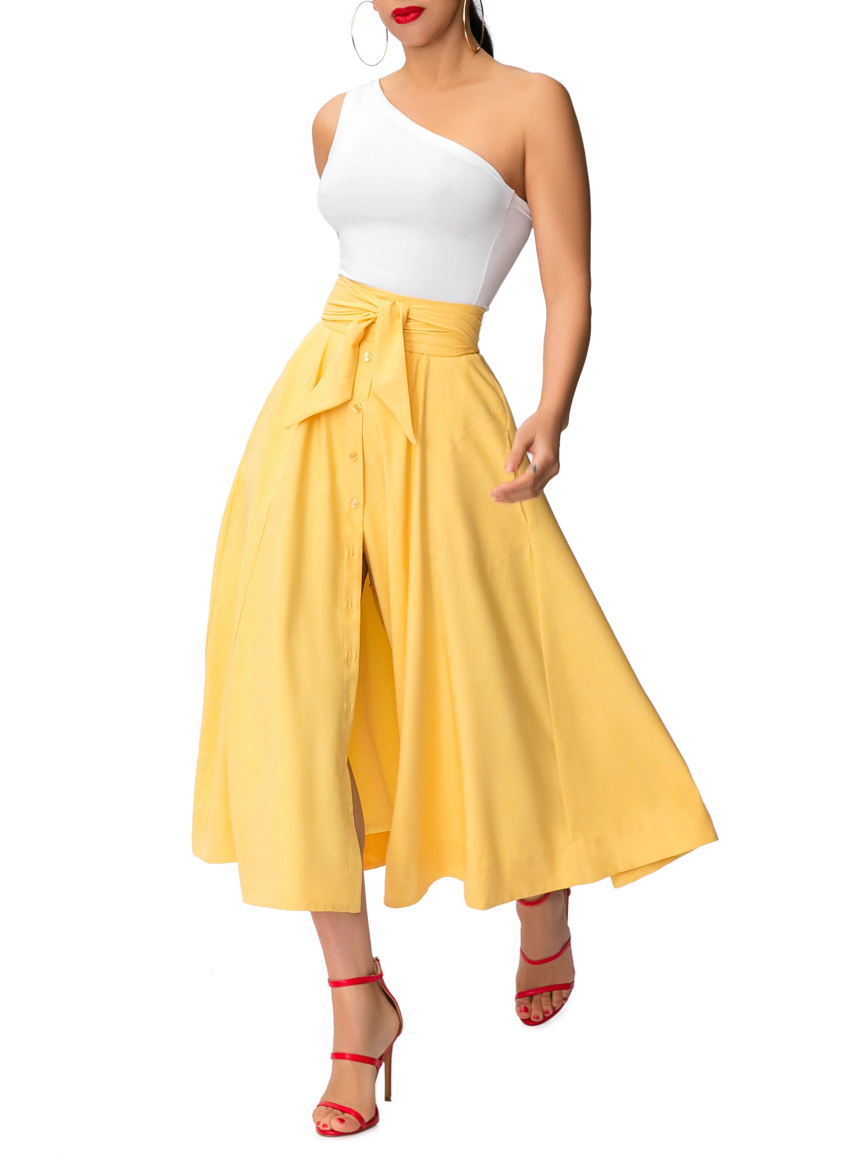 "Faye" Yellow Belted Button-Down Skirt - Image 2