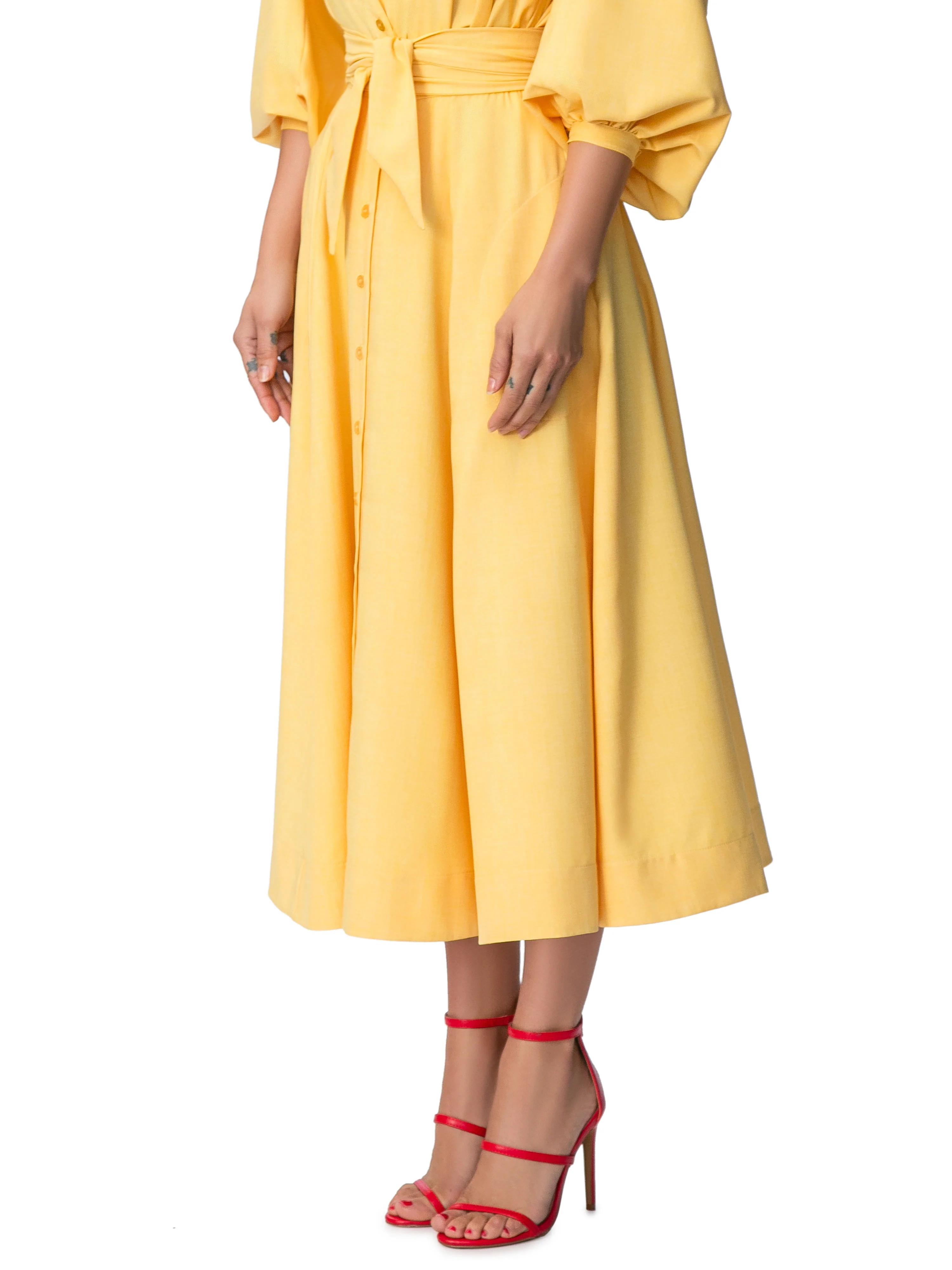 "Faye" Yellow Belted Button-Down Skirt - Image 4