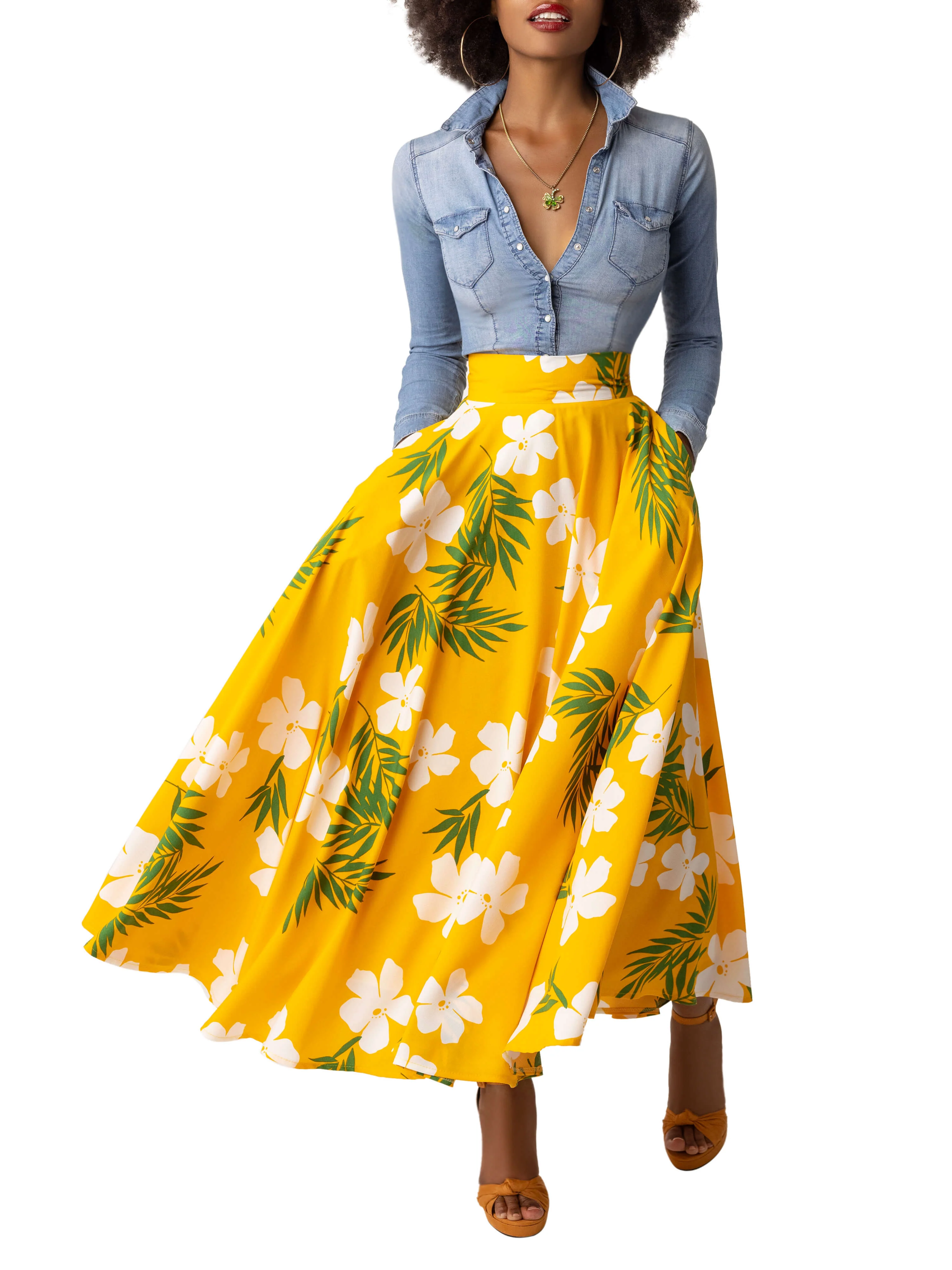 "Flora" Yellow Tropical Swing Skirt - Image 3