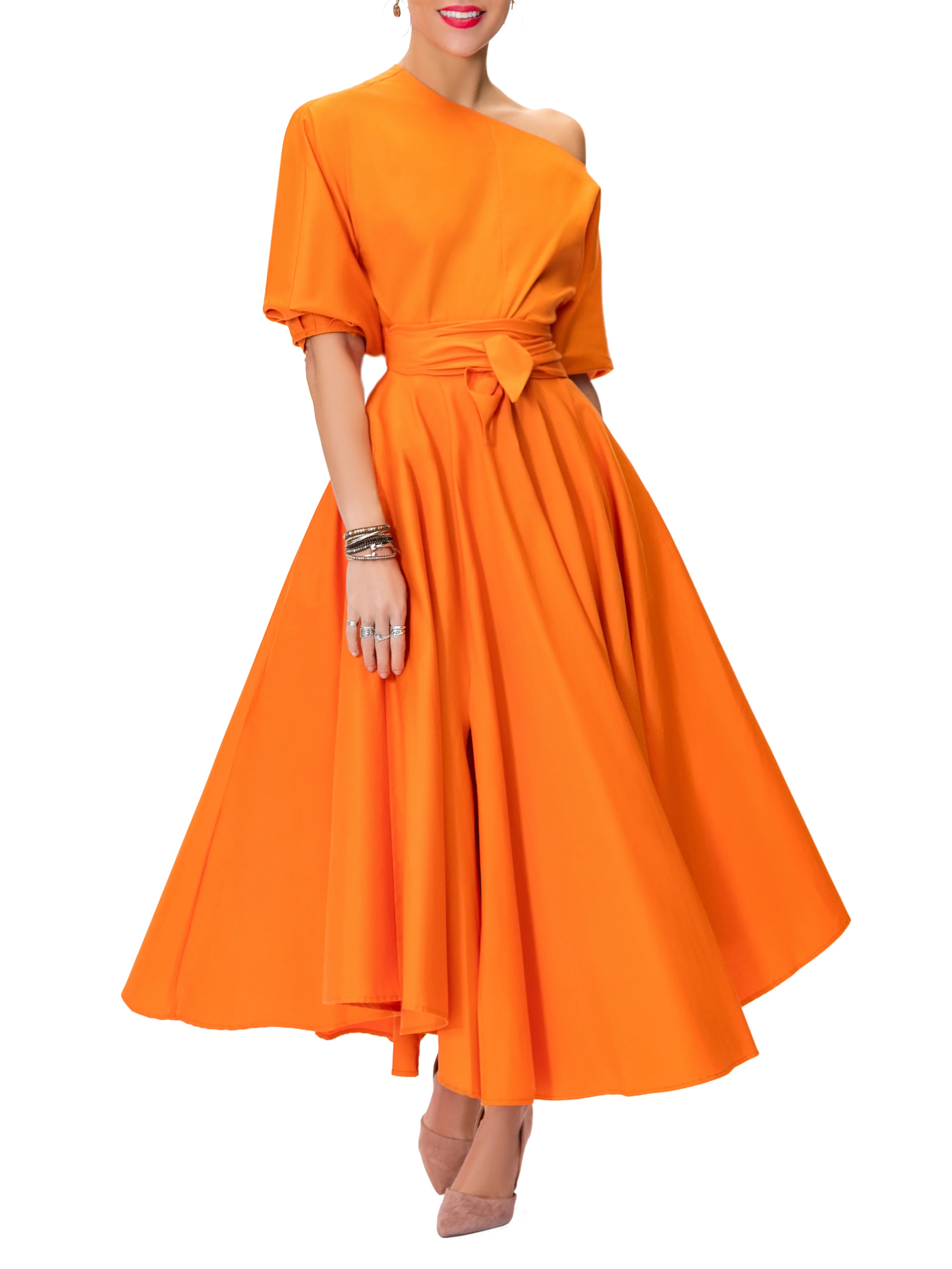 "Frances" Orange Belted Midi Skirt - Image 2