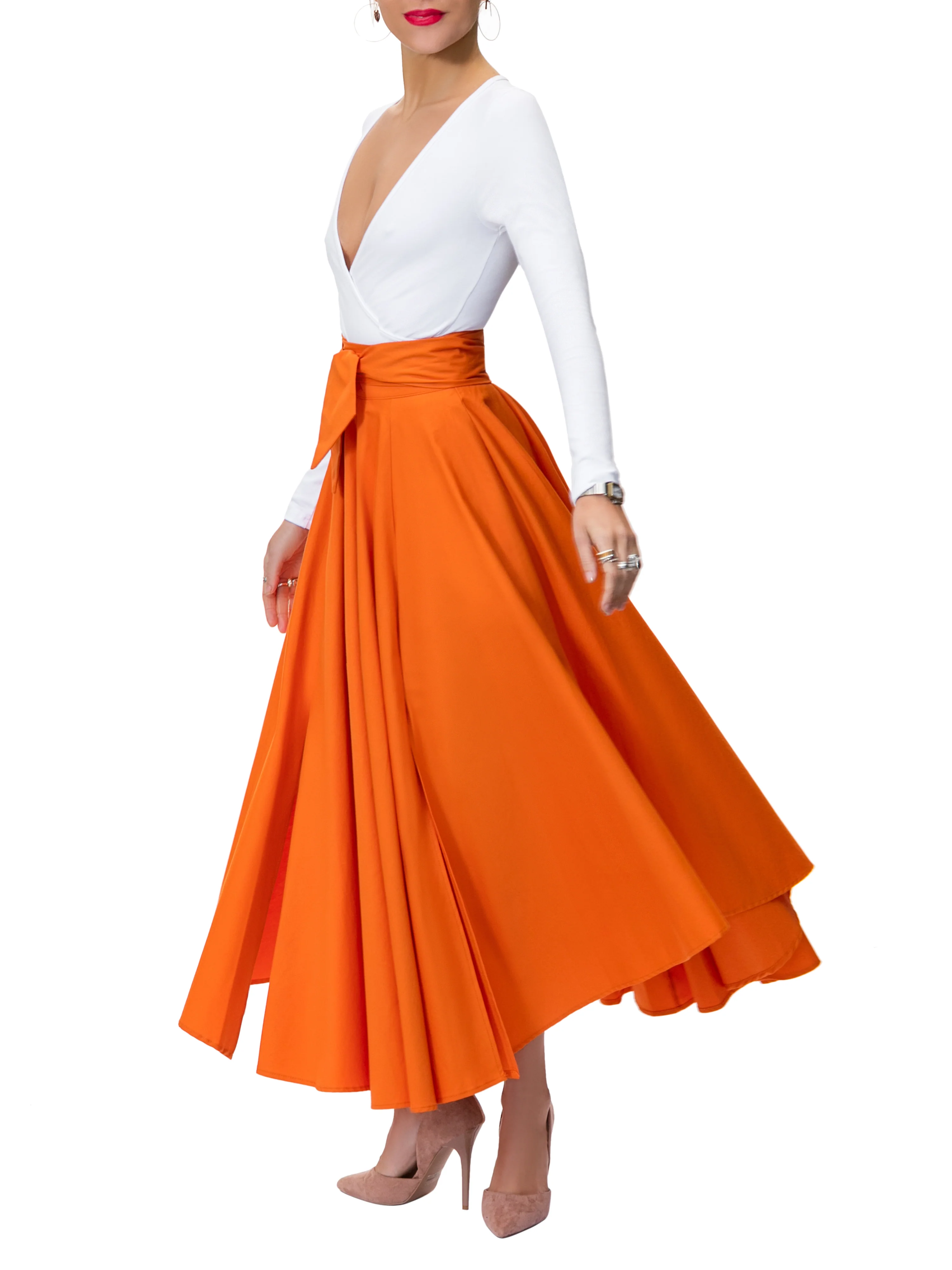 "Frances" Orange Belted Midi Skirt - Image 3
