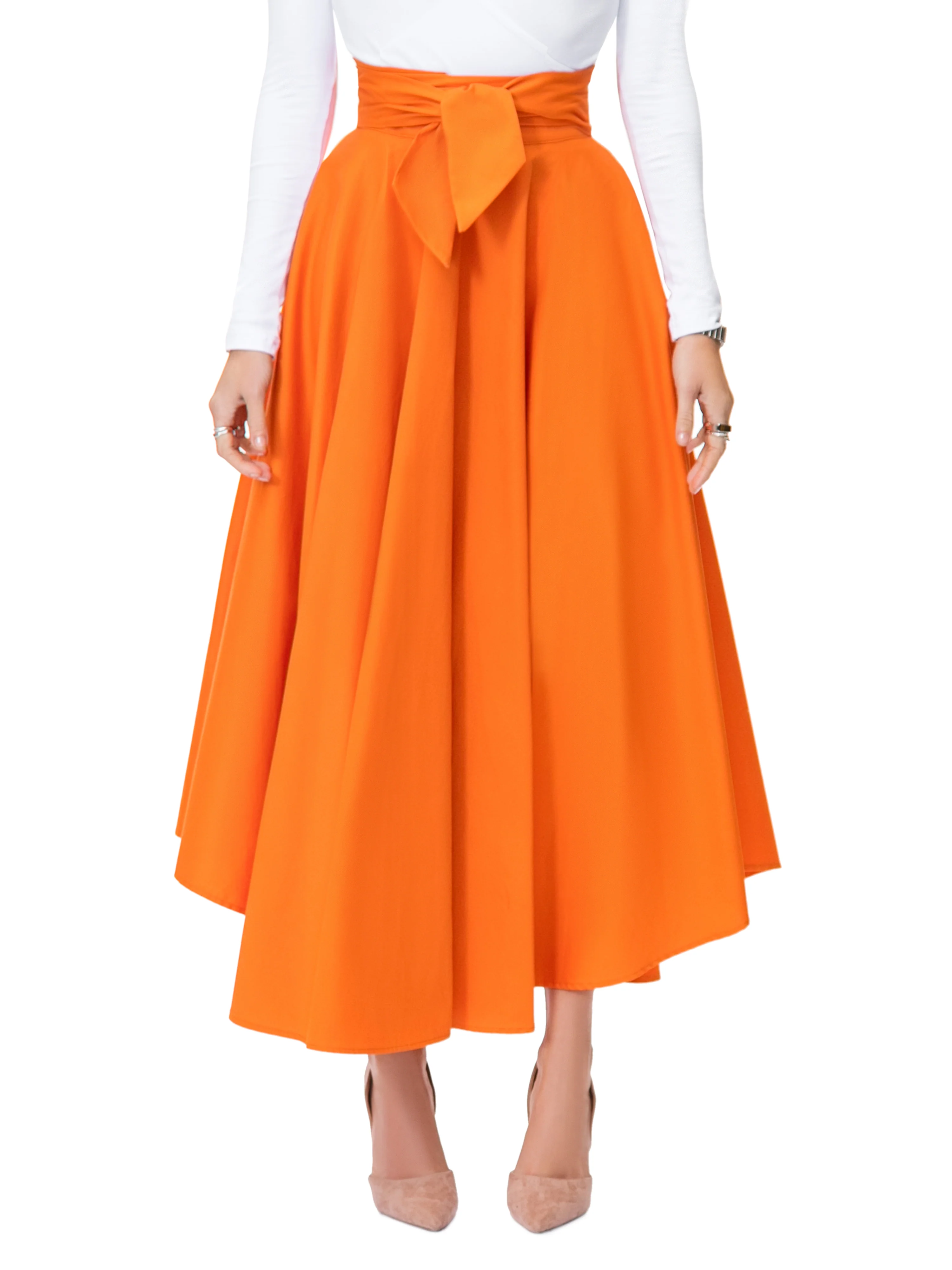 "Frances" Orange Belted Midi Skirt - Image 4