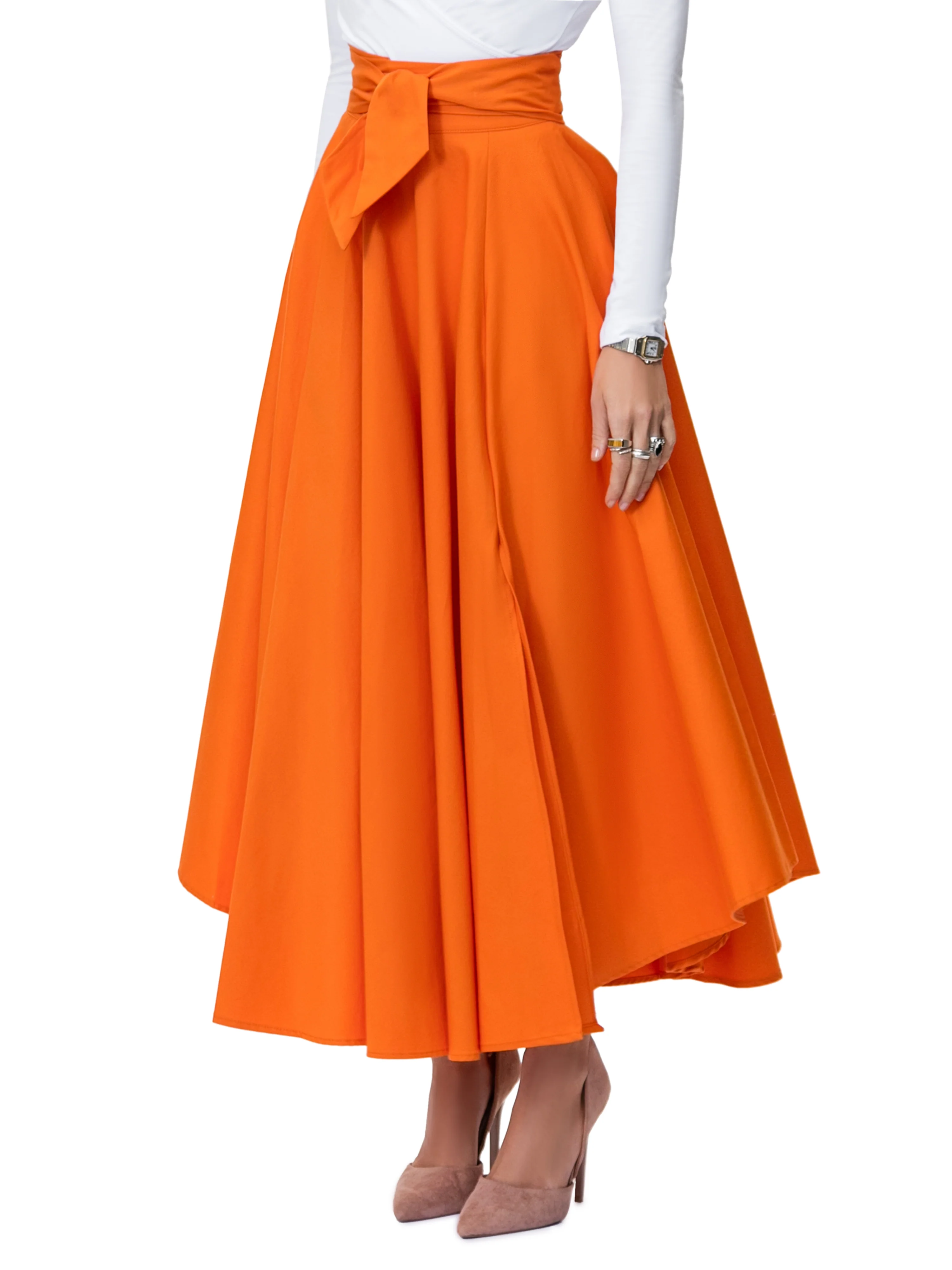 "Frances" Orange Belted Midi Skirt - Image 5