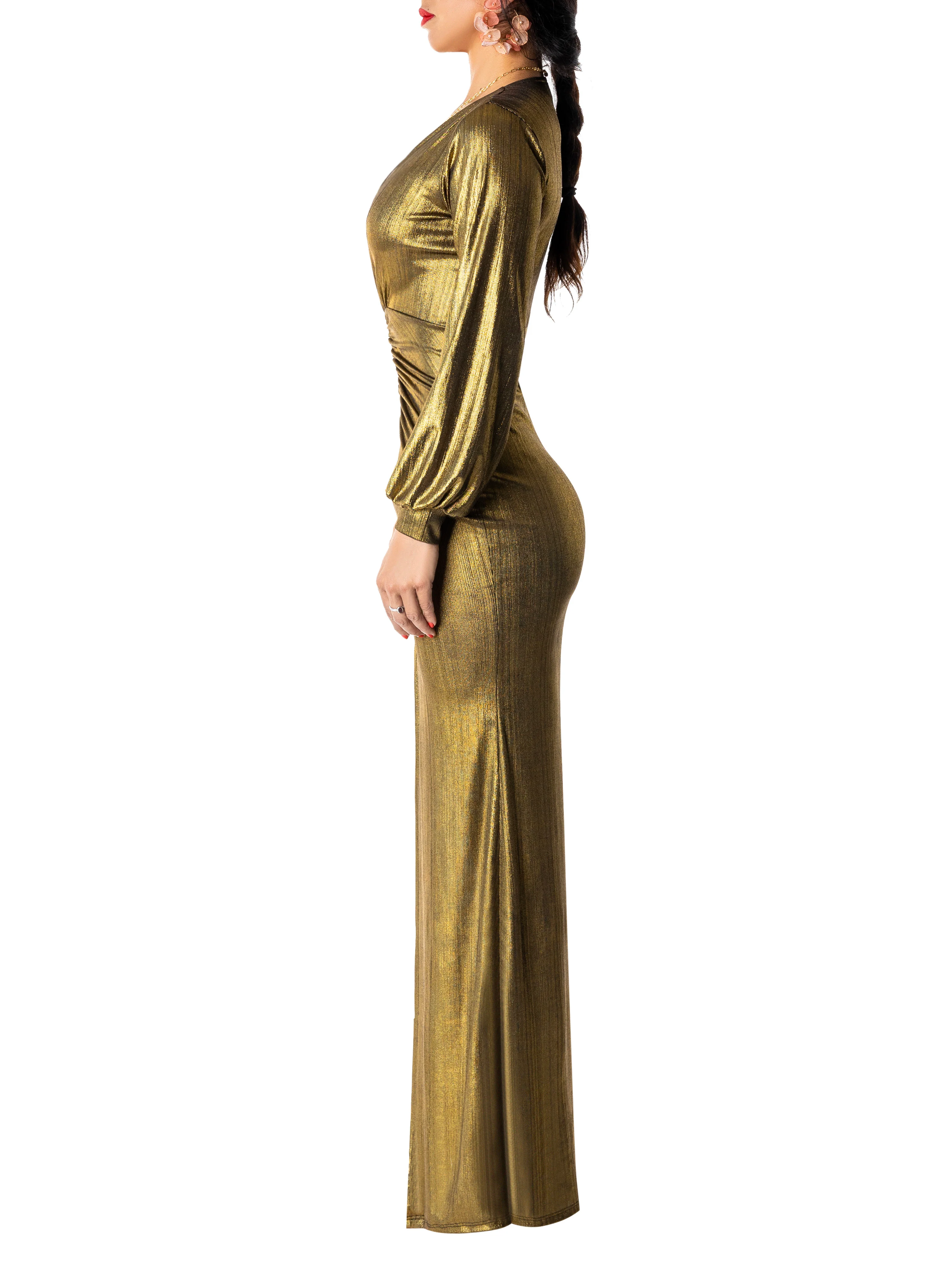 "Gabor" Gold Ruched Maxi Dress - Image 4