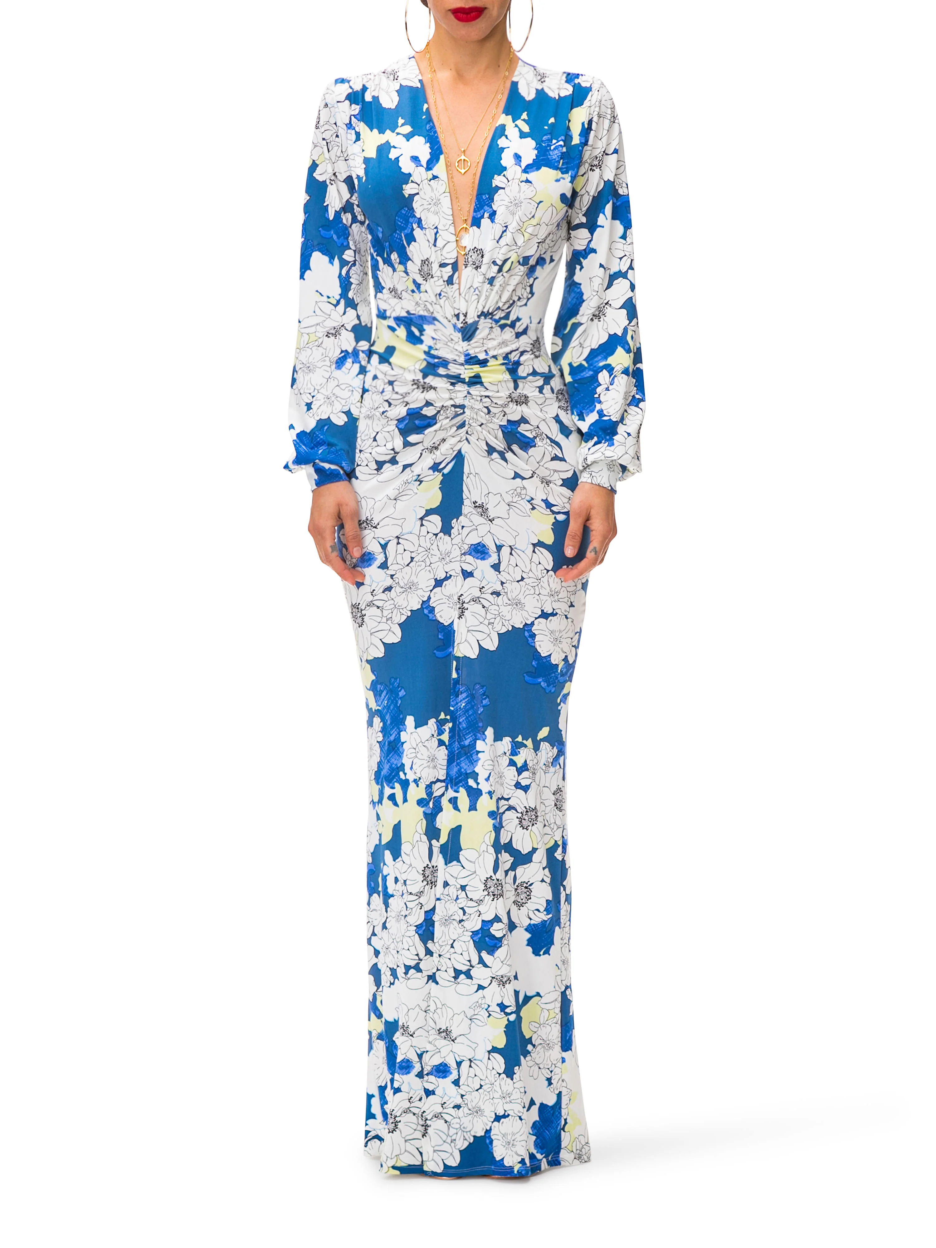 "Gardenia" Floral Deep V-Maxi Dress w/Ruching - Image 3