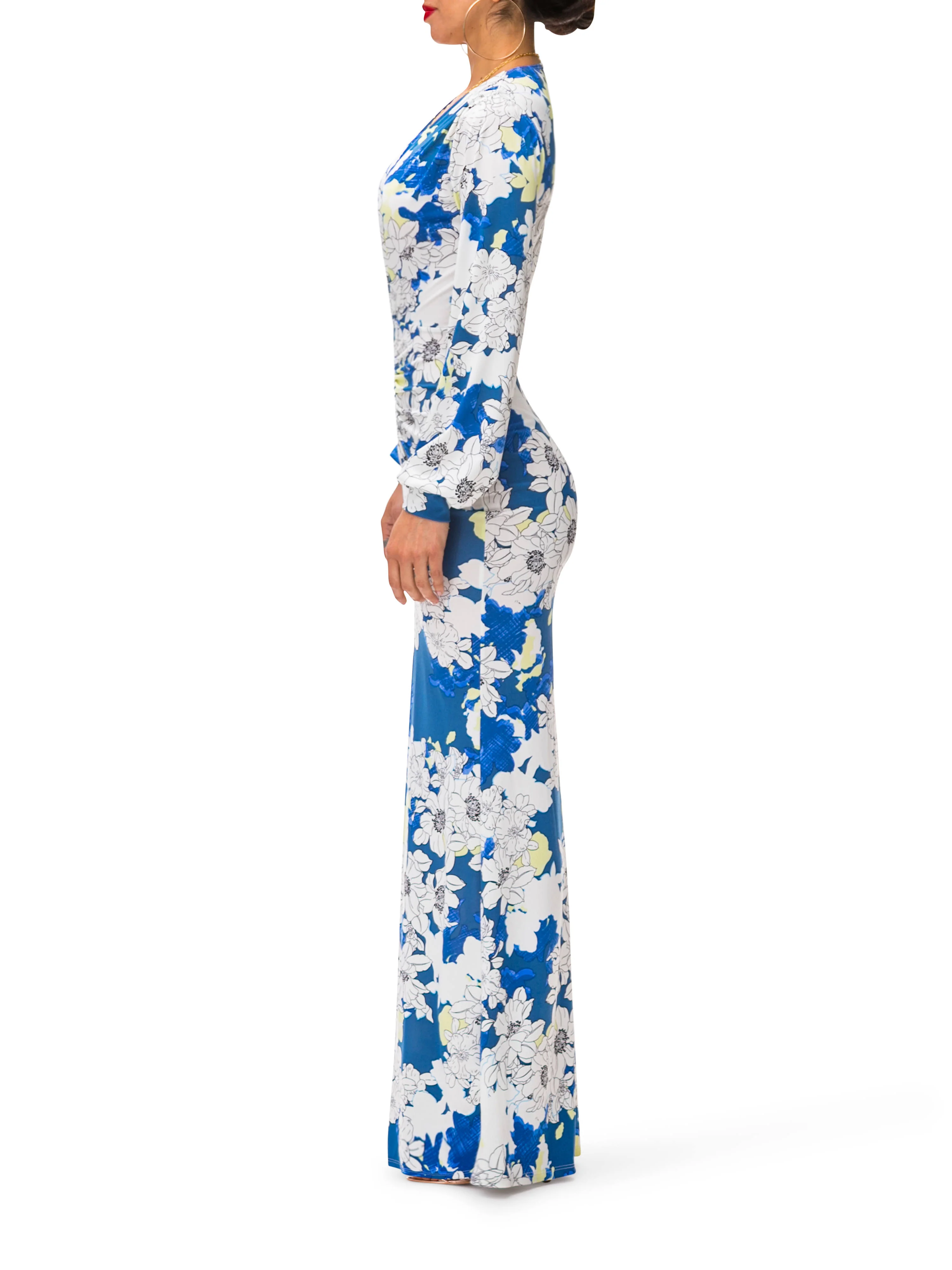 "Gardenia" Floral Deep V-Maxi Dress w/Ruching - Image 4