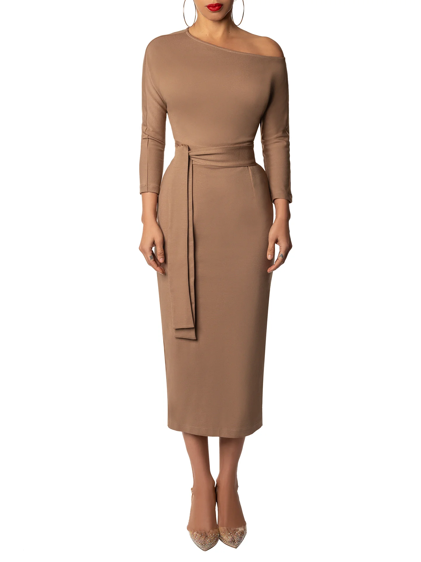 "Gemma" Taupe Off Shoulder Dress - Image 3