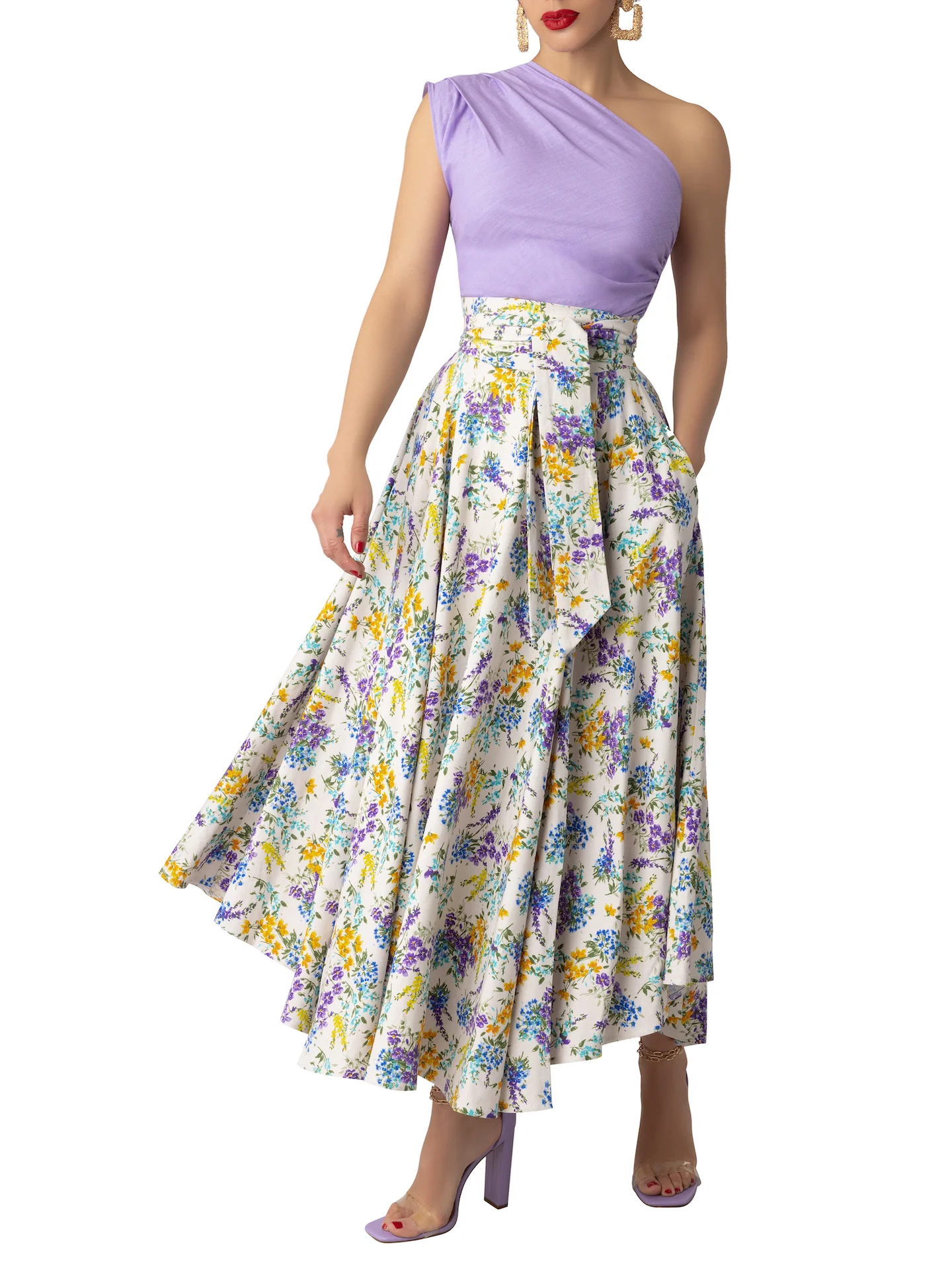 "Geneva" One shoulder Floral/Lilac Contrast Dress - Image 3