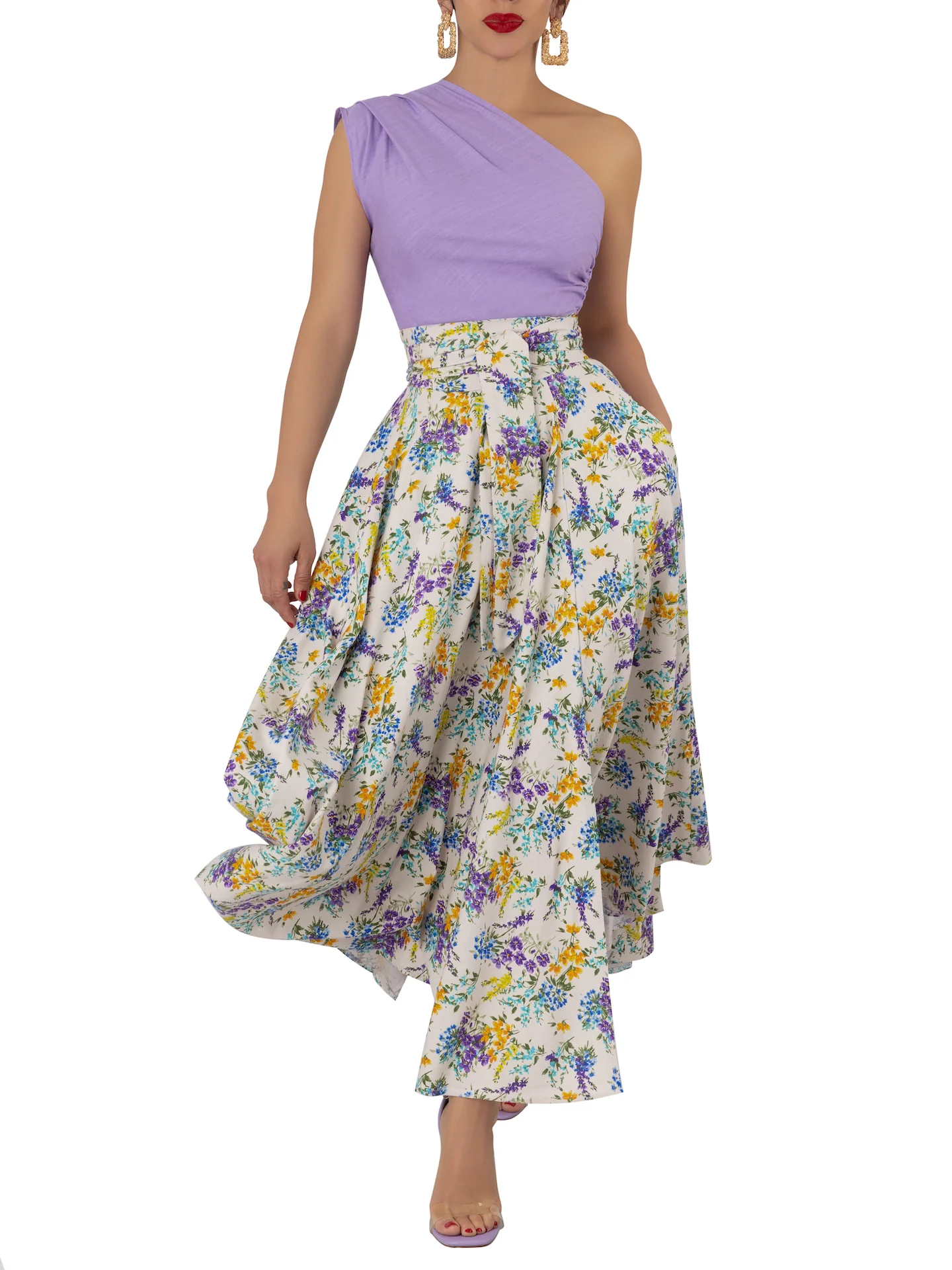 "Geneva" One shoulder Floral/Lilac Contrast Dress - Image 4