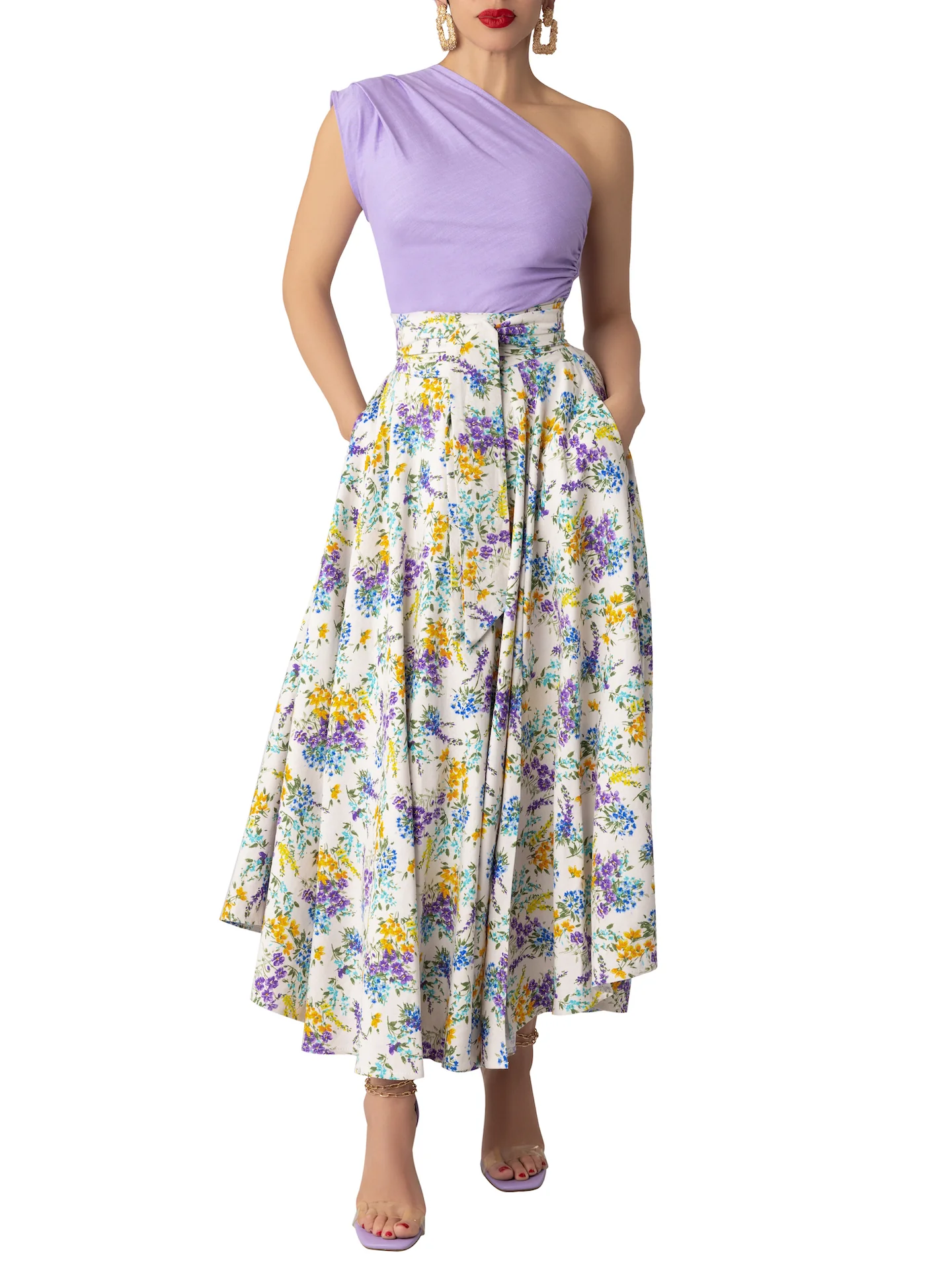 "Geneva" One shoulder Floral/Lilac Contrast Dress - Image 5